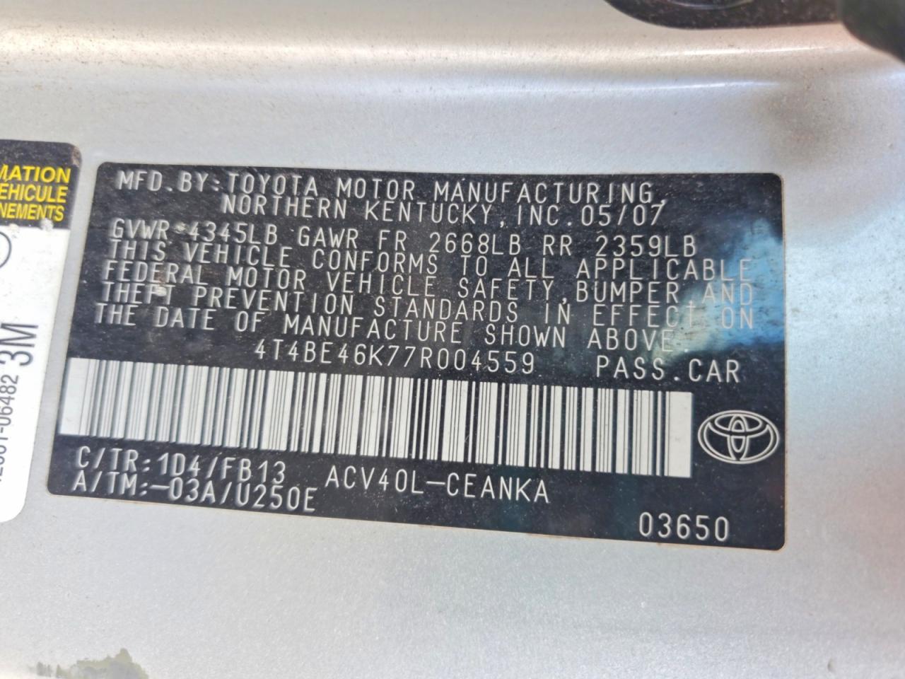 2007 Toyota Camry Le Silver vin: 4T4BE46K77R004559