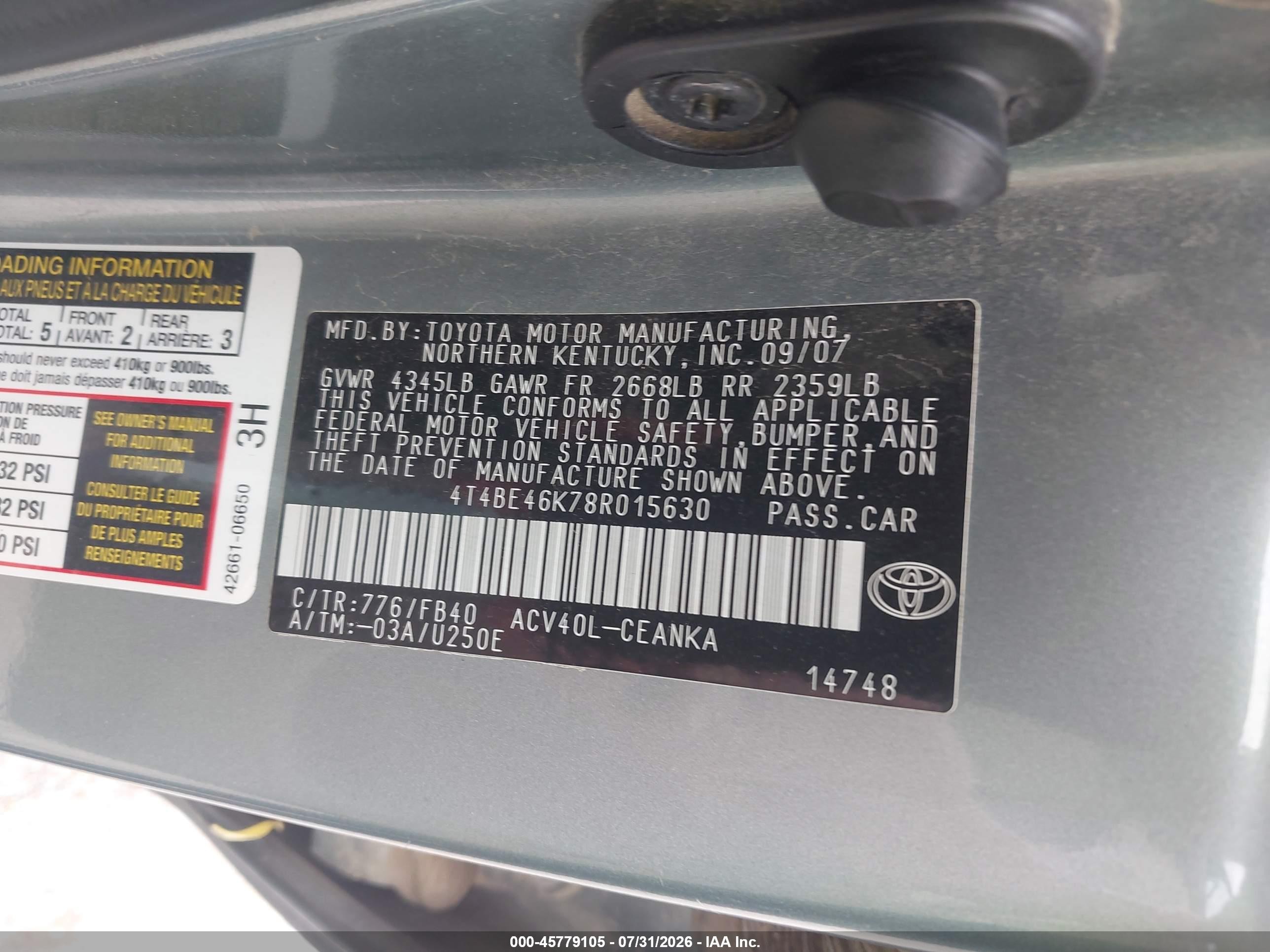 2008 Toyota Camry Le Gray vin: 4T4BE46K78R015630