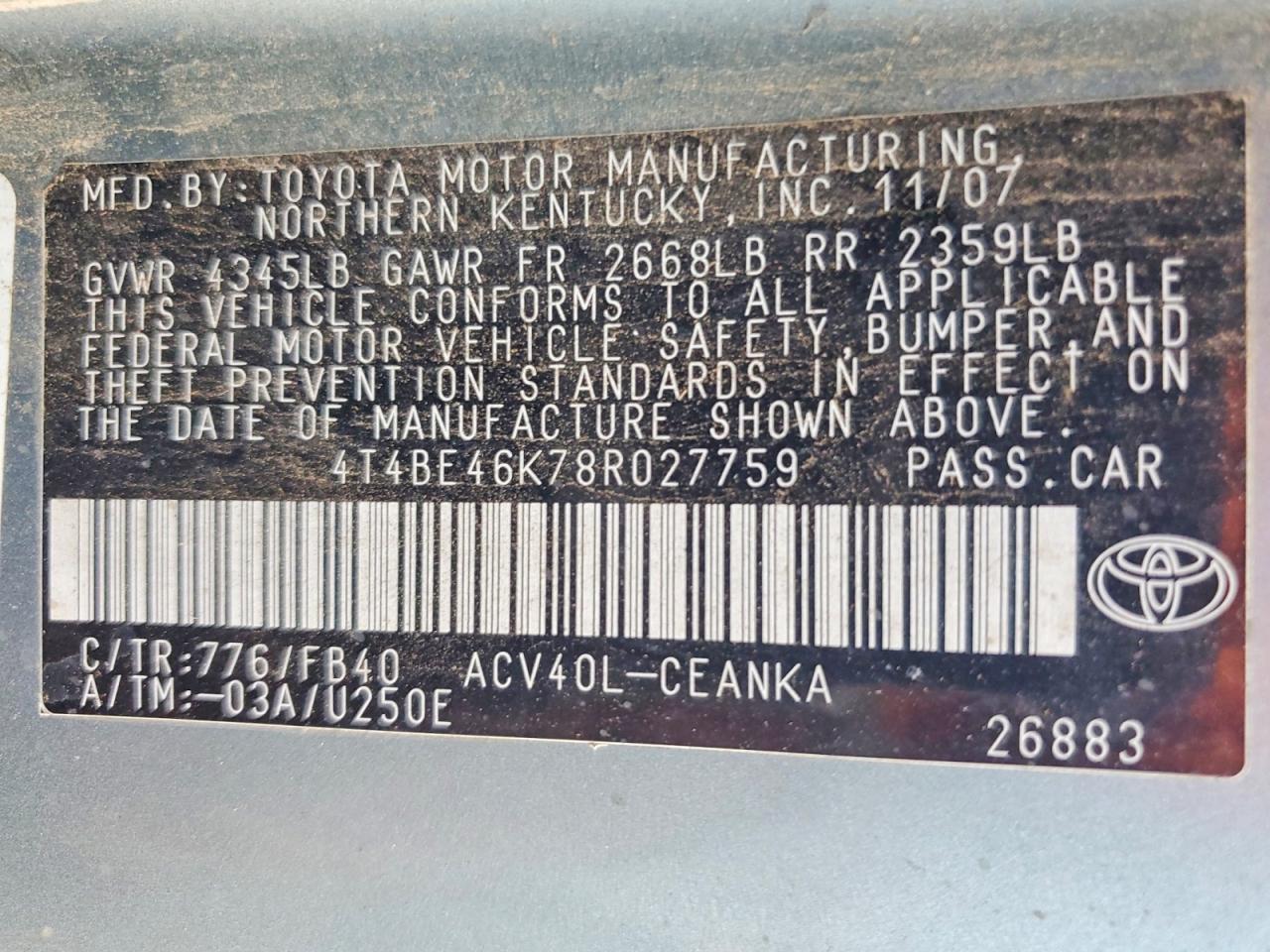 2008 Toyota Camry Серый vin: 4T4BE46K78R027759