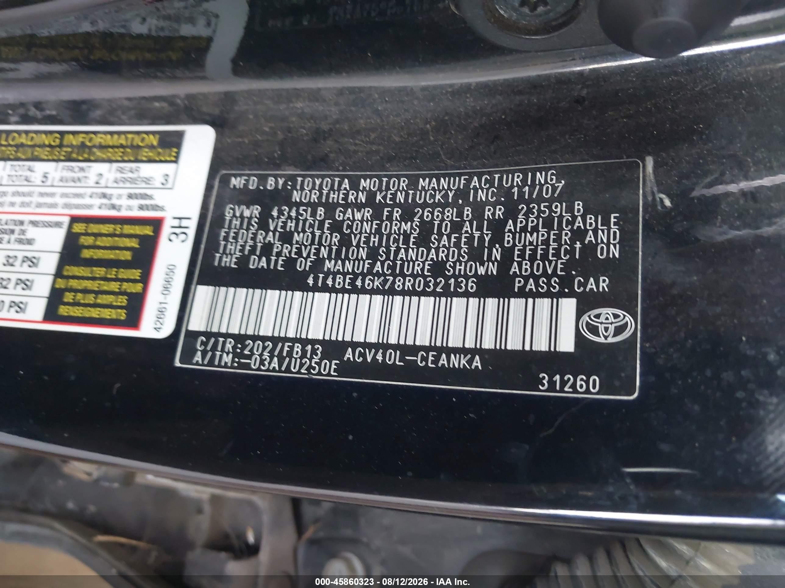 2008 Toyota Camry Le Black vin: 4T4BE46K78R032136