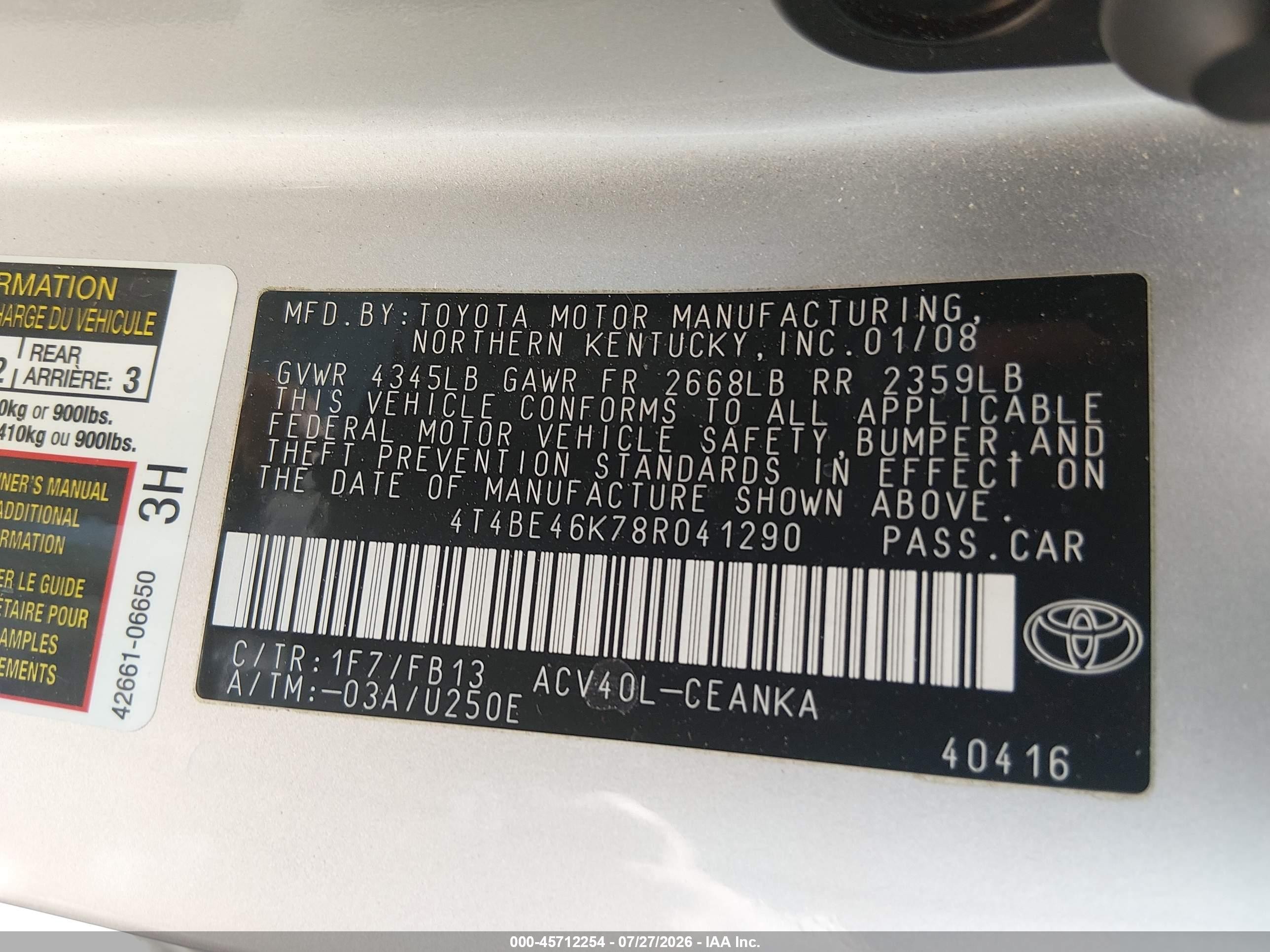 2008 Toyota Camry Le Серебряный vin: 4T4BE46K78R041290