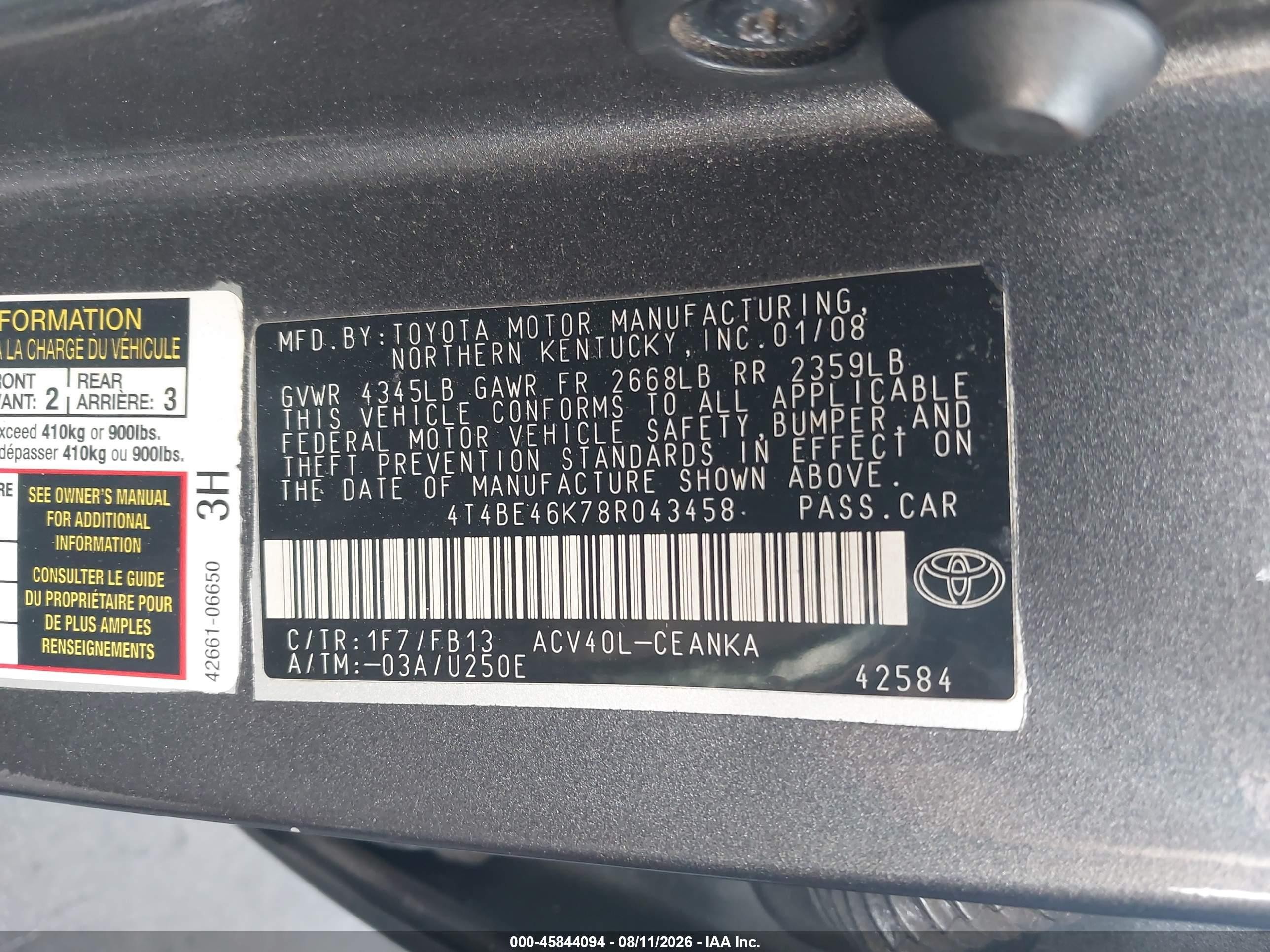 2008 Toyota Camry Le Серый vin: 4T4BE46K78R043458