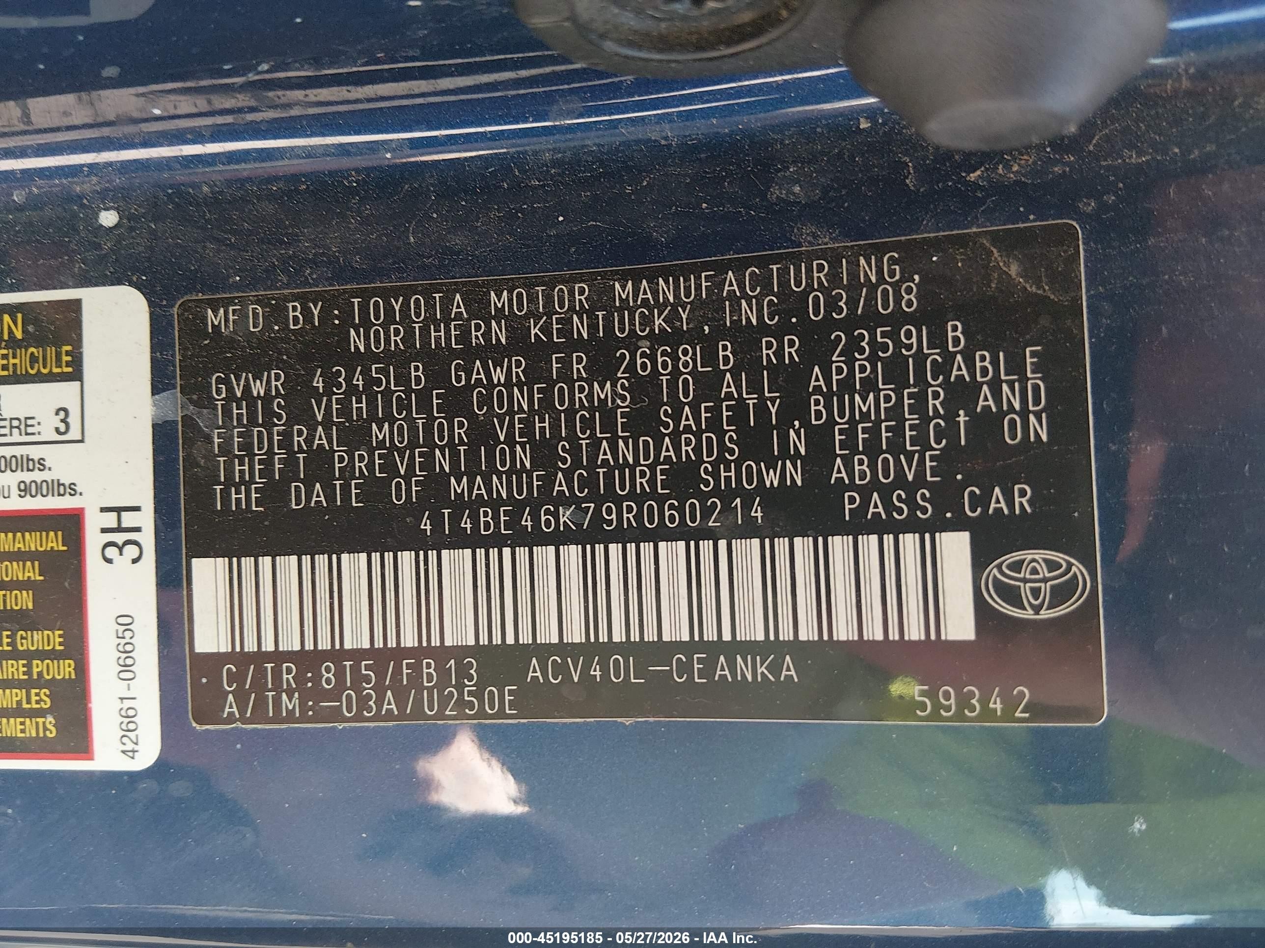 2009 Toyota Camry Le Blue vin: 4T4BE46K79R060214