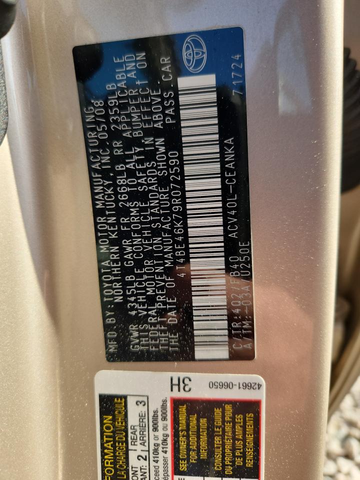 2009 Toyota Camry Le Gold vin: 4T4BE46K79R072590
