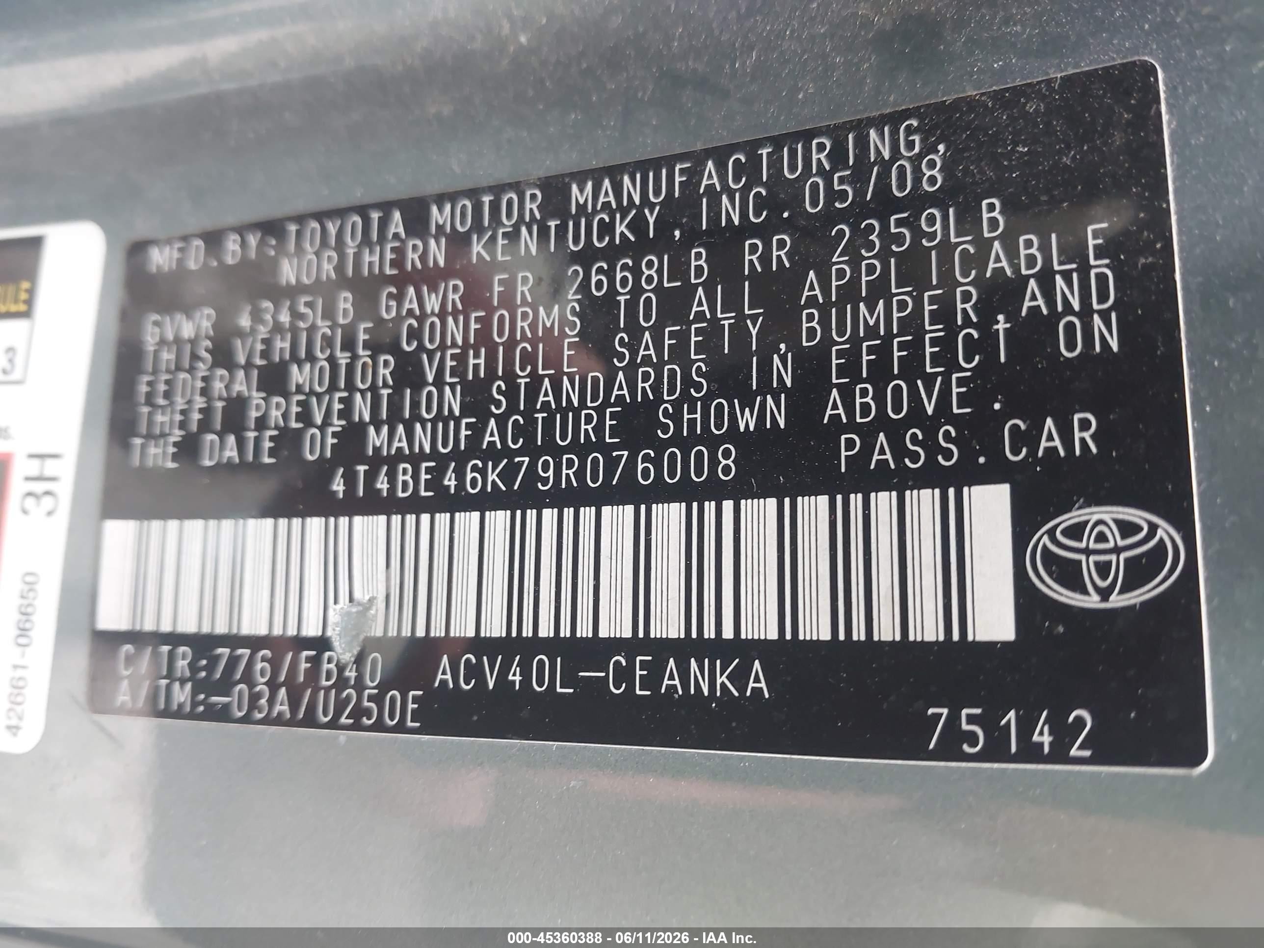 2009 Toyota Camry Le Green vin: 4T4BE46K79R076008