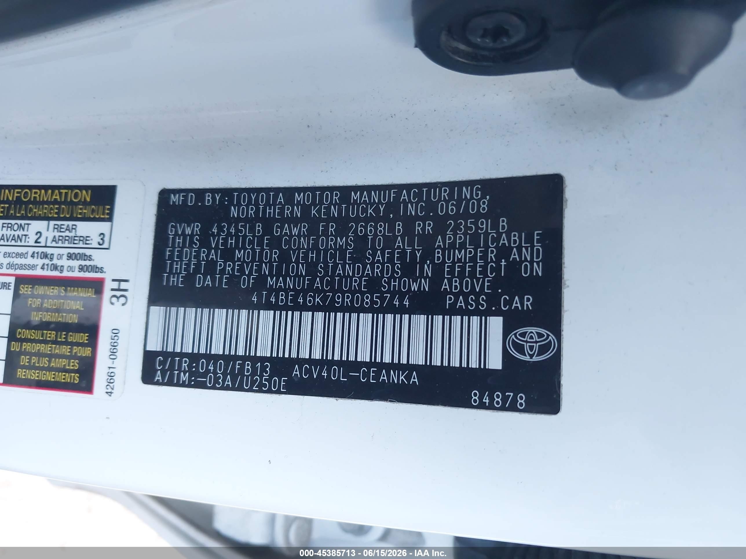 2009 Toyota Camry Le White vin: 4T4BE46K79R085744