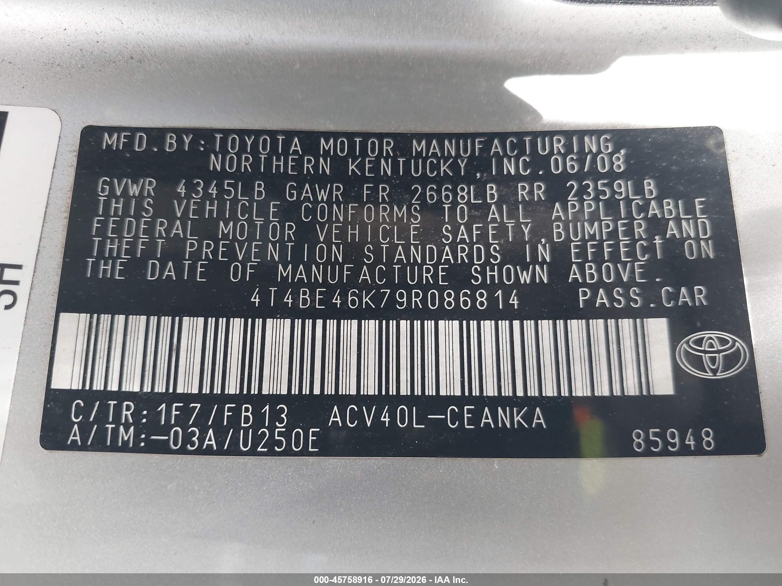 2009 Toyota Camry Le Серебряный vin: 4T4BE46K79R086814