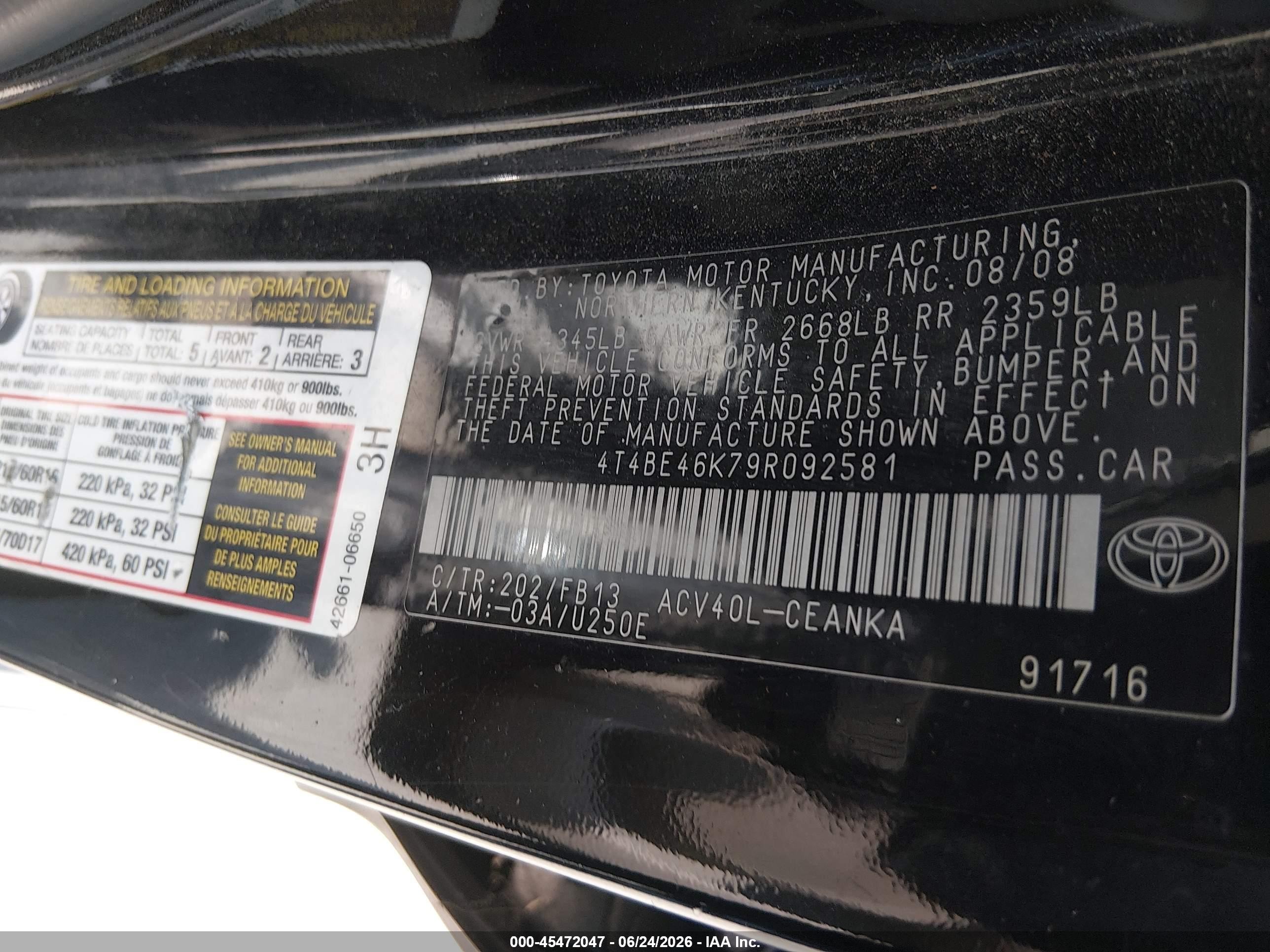 2009 Toyota Camry Le Black vin: 4T4BE46K79R092581