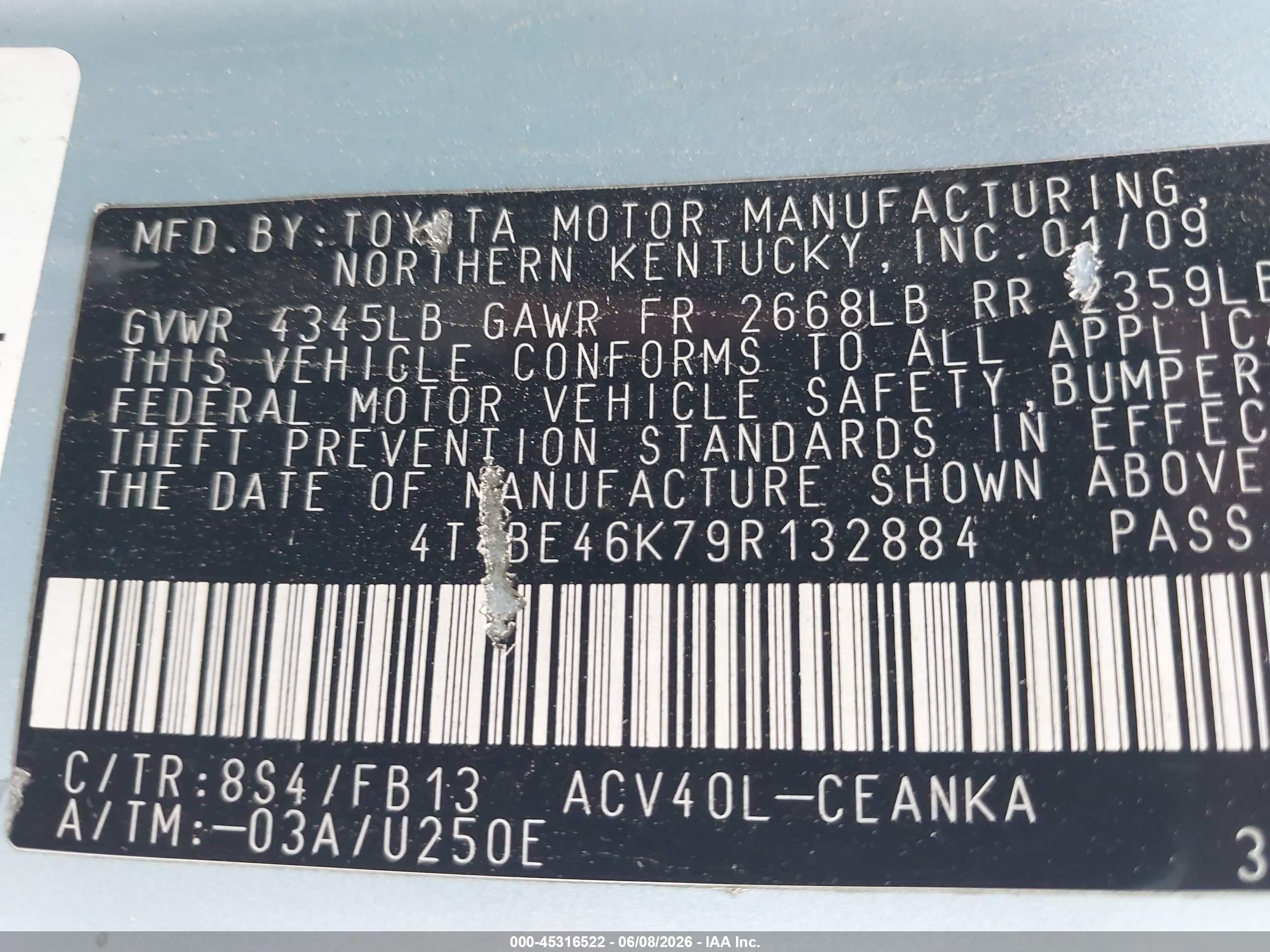 2009 Toyota Camry Le Синий vin: 4T4BE46K79R132884