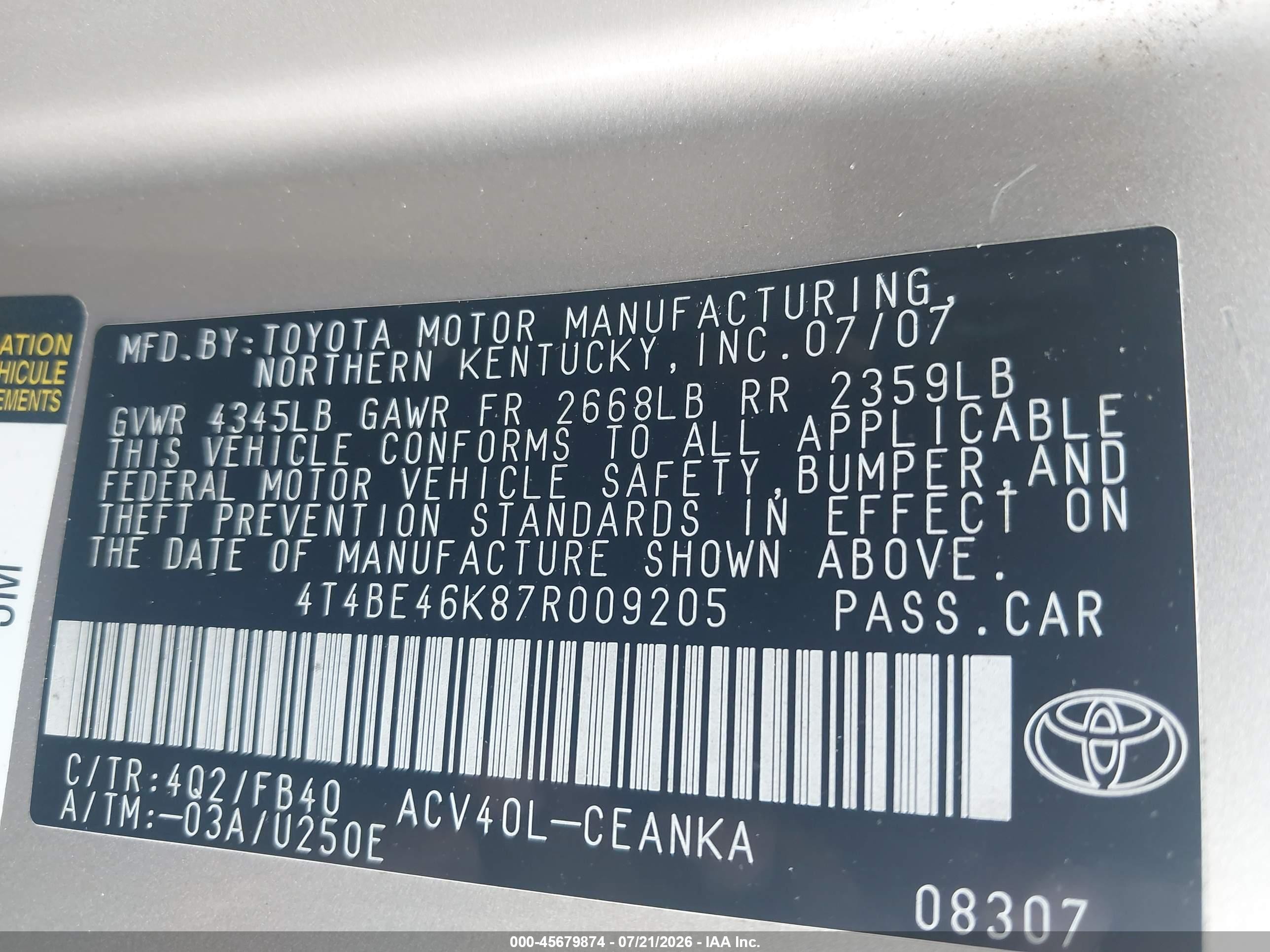 2007 Toyota Camry Ce Gold vin: 4T4BE46K87R009205
