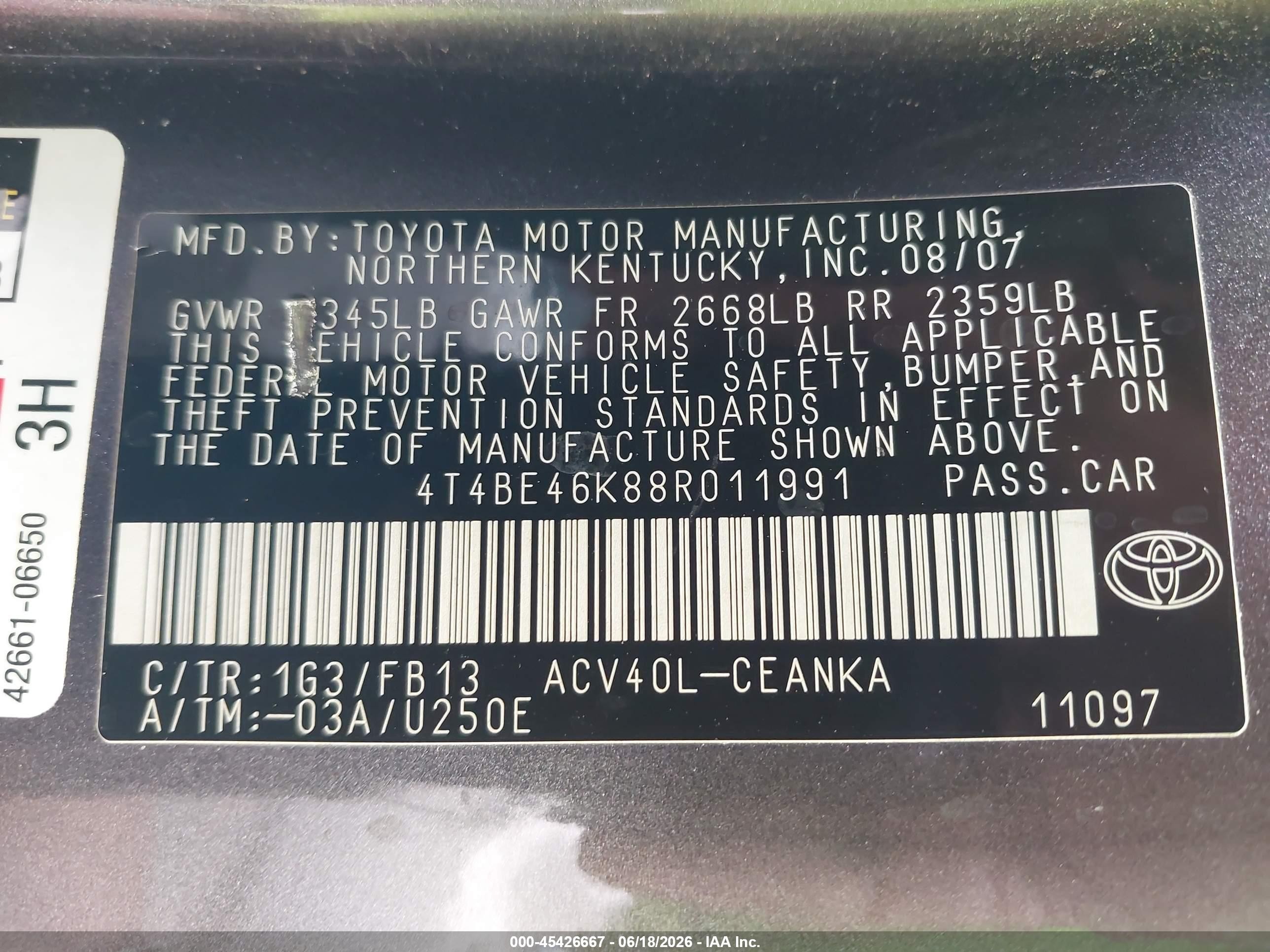 2008 Toyota Camry Le Серый vin: 4T4BE46K88R011991