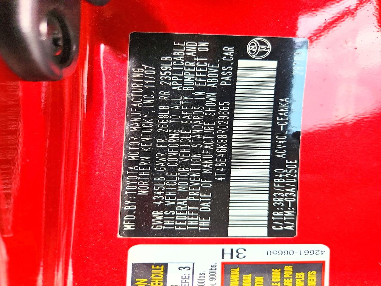 2008 Toyota Camry Le Red vin: 4T4BE46K88R029665