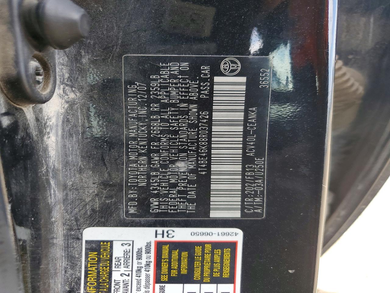 2008 Toyota Camry Le Black vin: 4T4BE46K88R037426