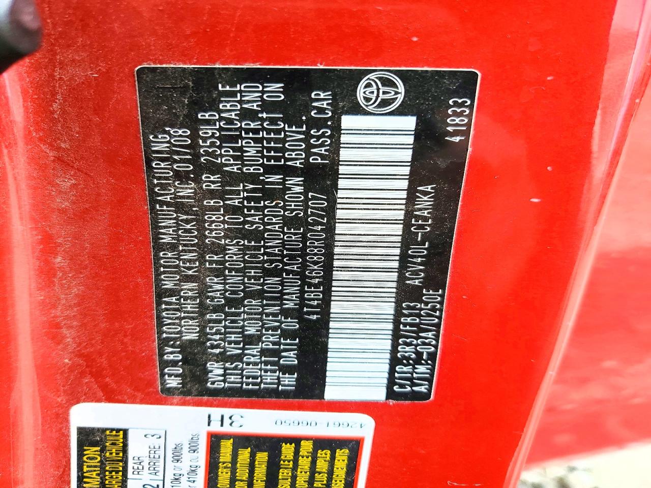 2008 Toyota Camry Le Red vin: 4T4BE46K88R042707