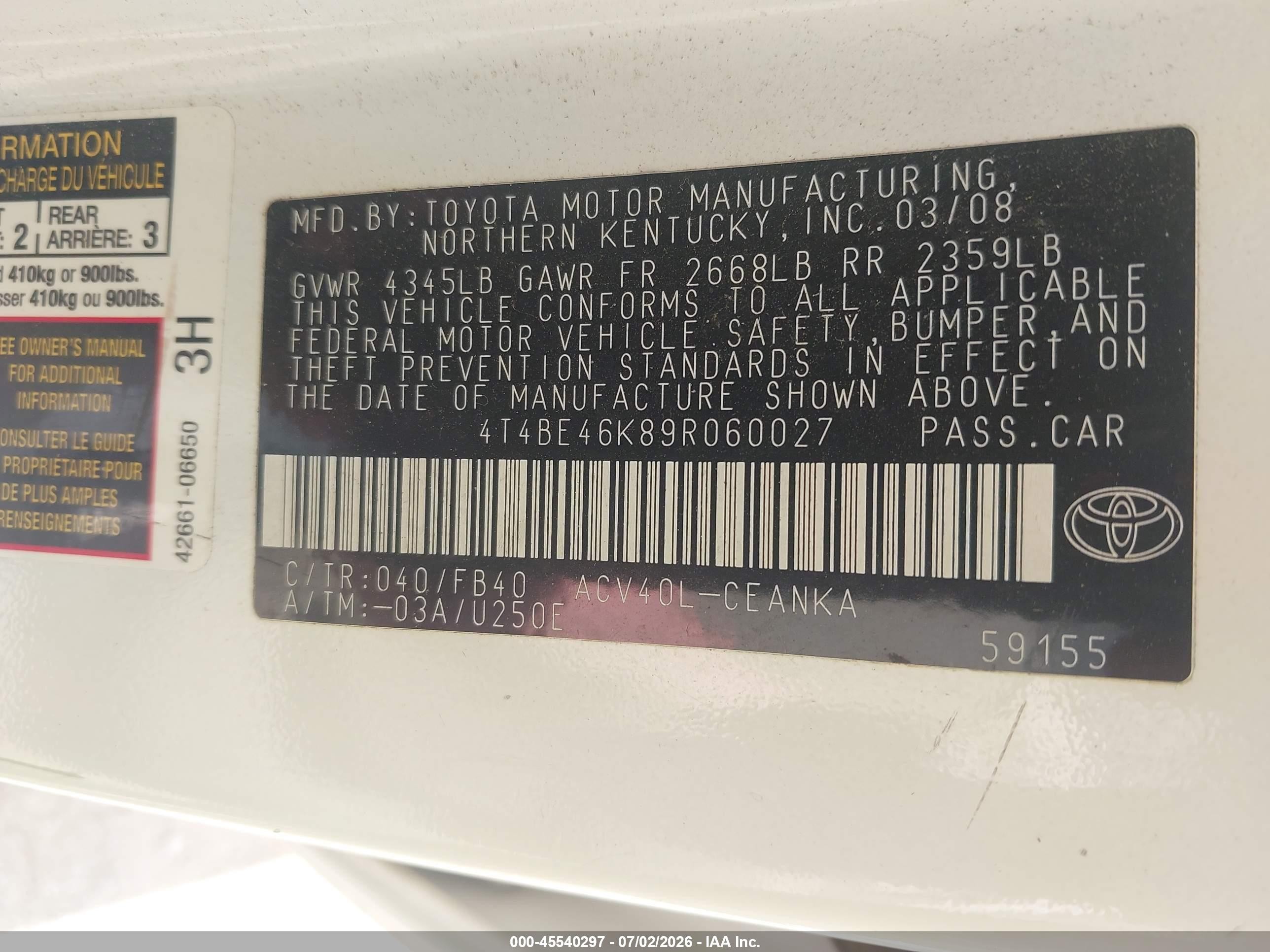 2009 Toyota Camry Le White vin: 4T4BE46K89R060027