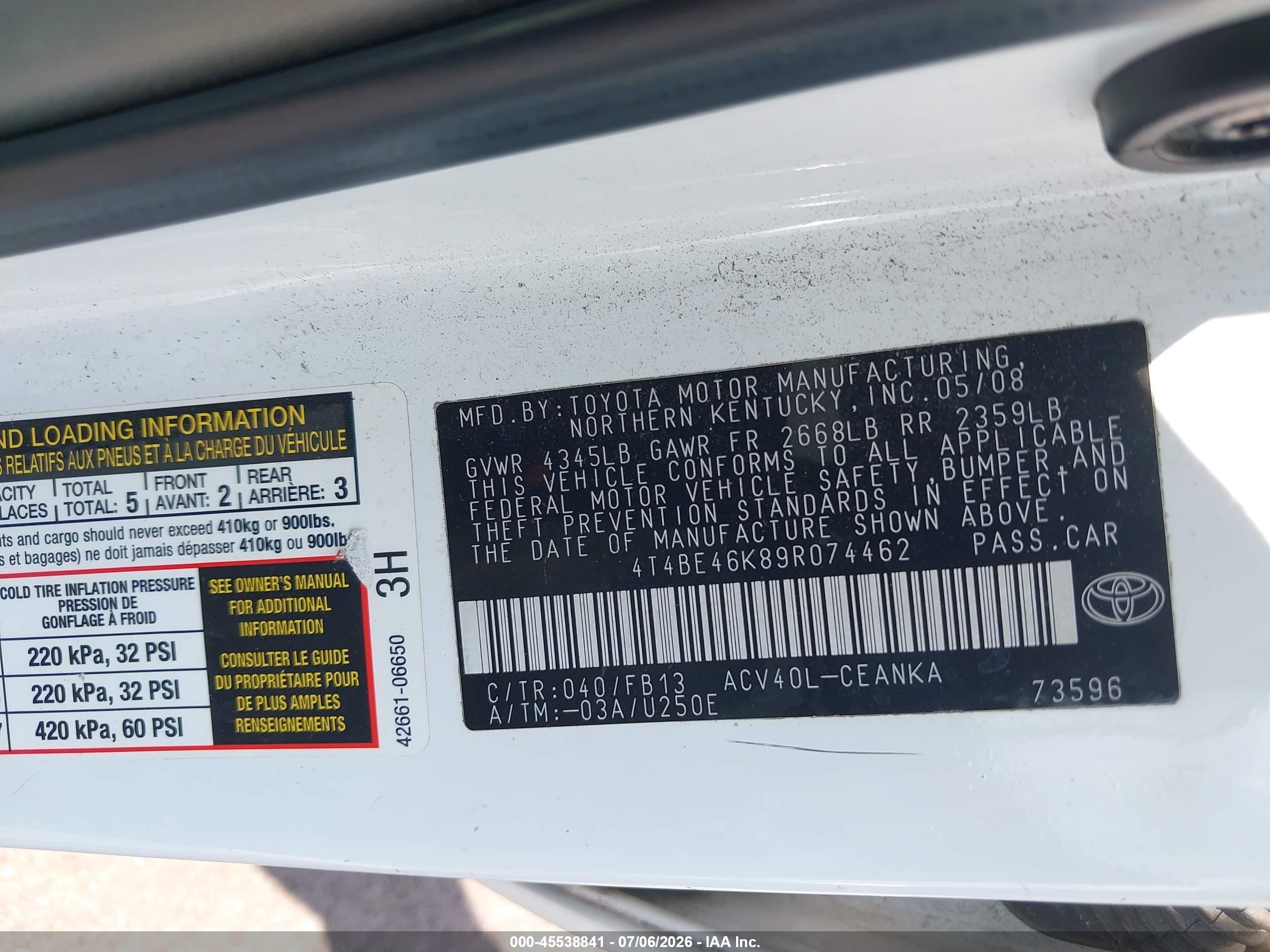 2009 Toyota Camry Le White vin: 4T4BE46K89R074462
