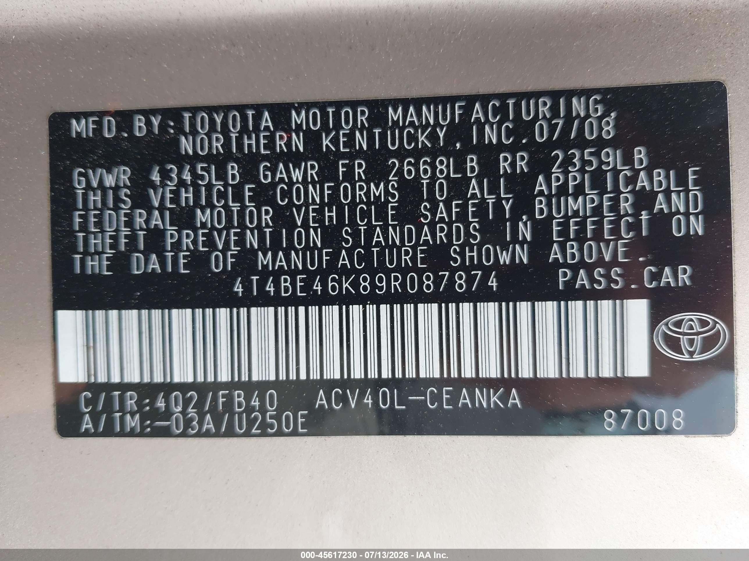 2009 Toyota Camry Le Champagne vin: 4T4BE46K89R087874