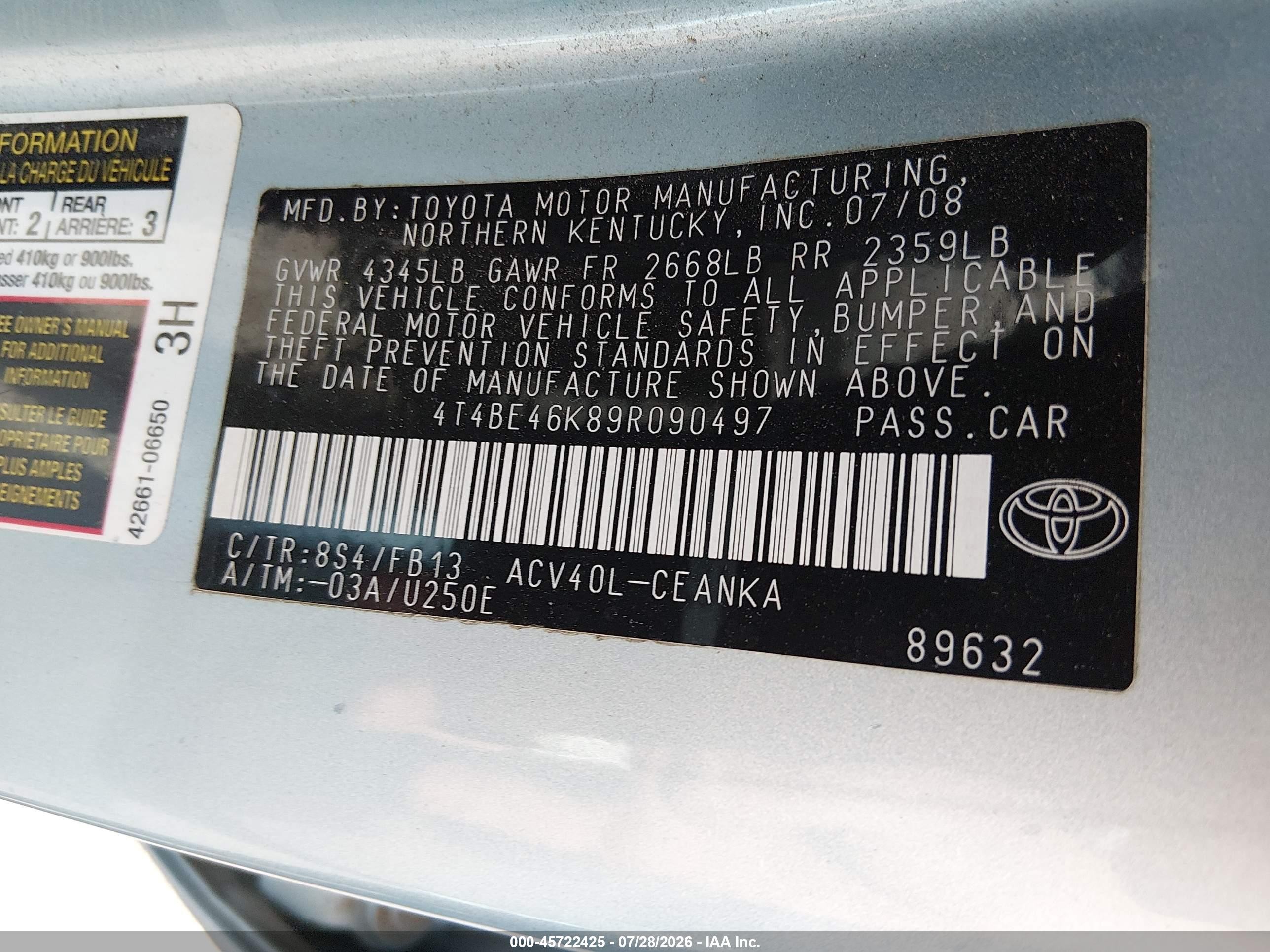 2009 Toyota Camry Le Синий vin: 4T4BE46K89R090497