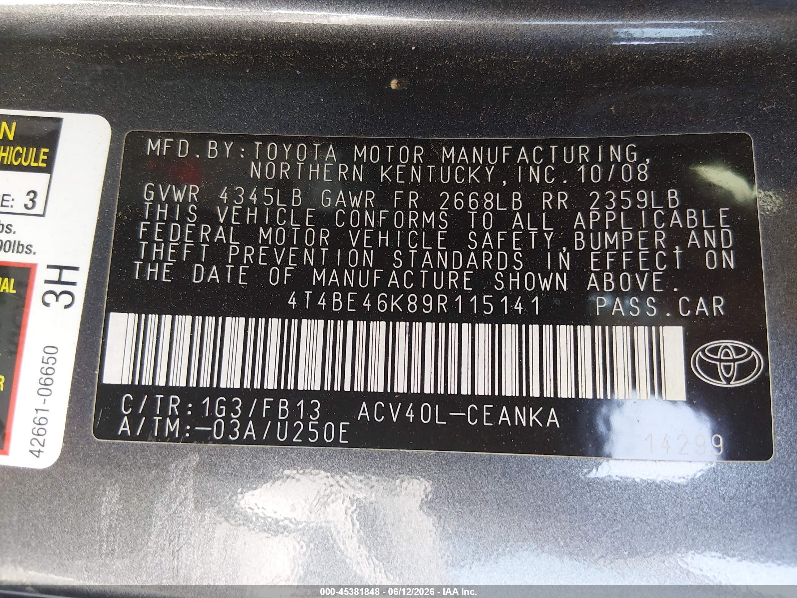 2009 Toyota Camry Le Черный vin: 4T4BE46K89R115141