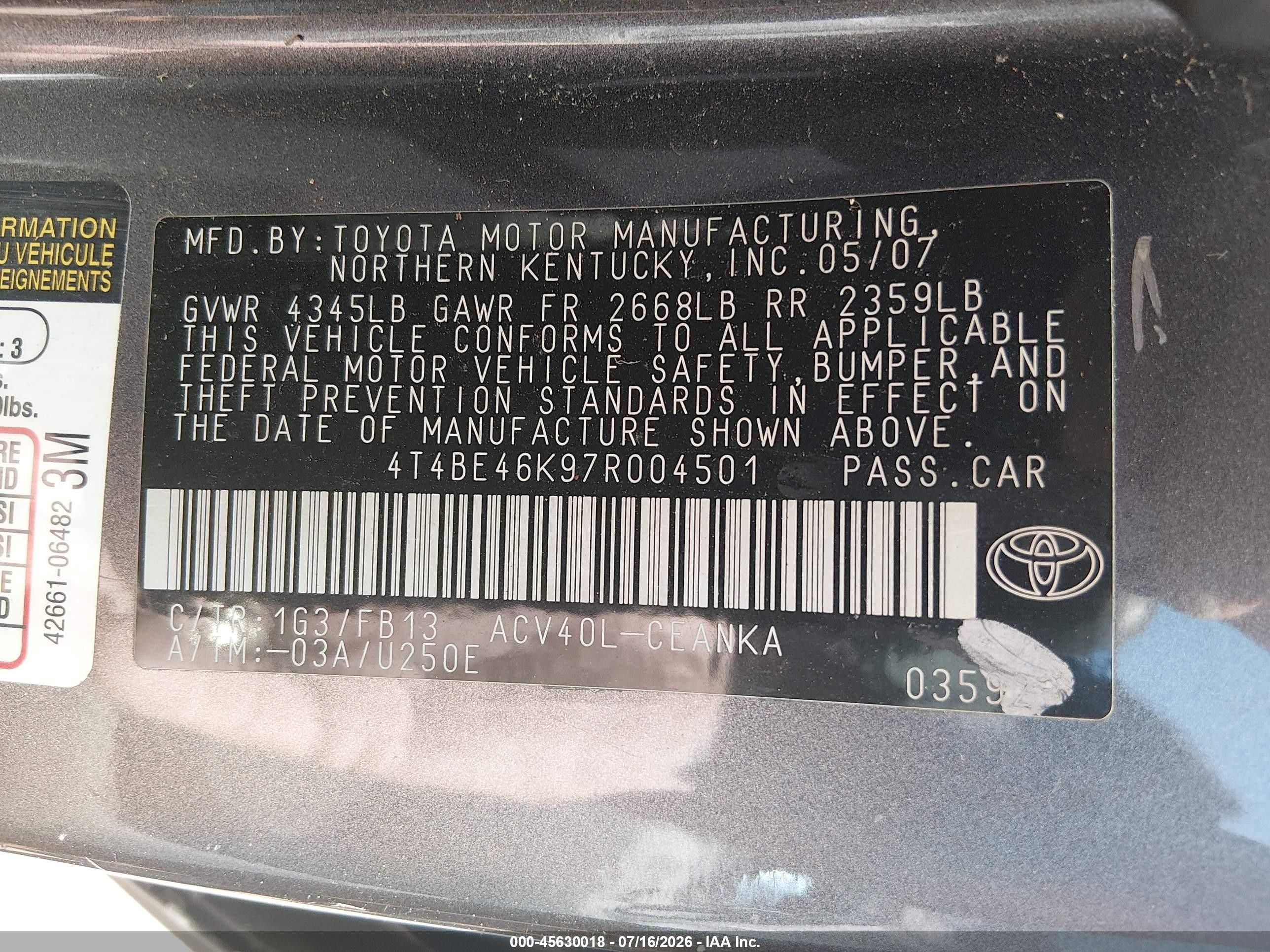 2007 Toyota Camry Le Gray vin: 4T4BE46K97R004501