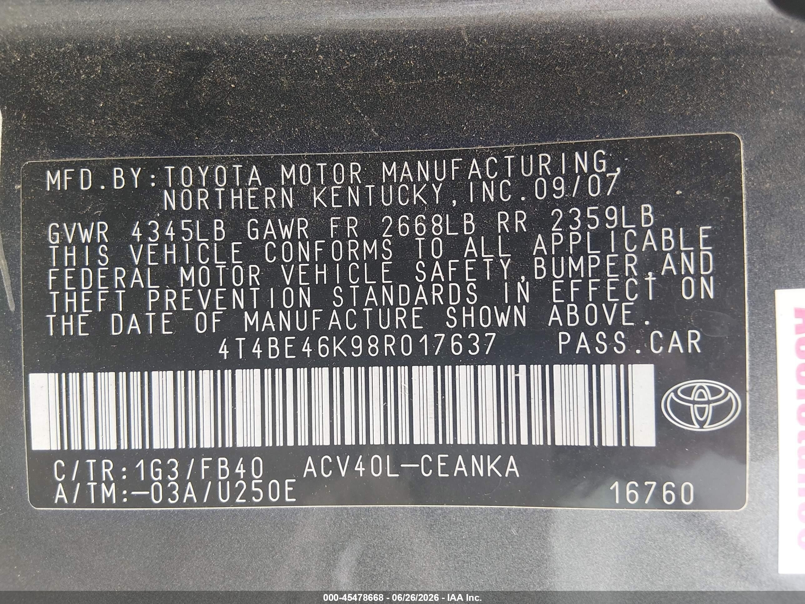 2008 Toyota Camry Le Gray vin: 4T4BE46K98R017637