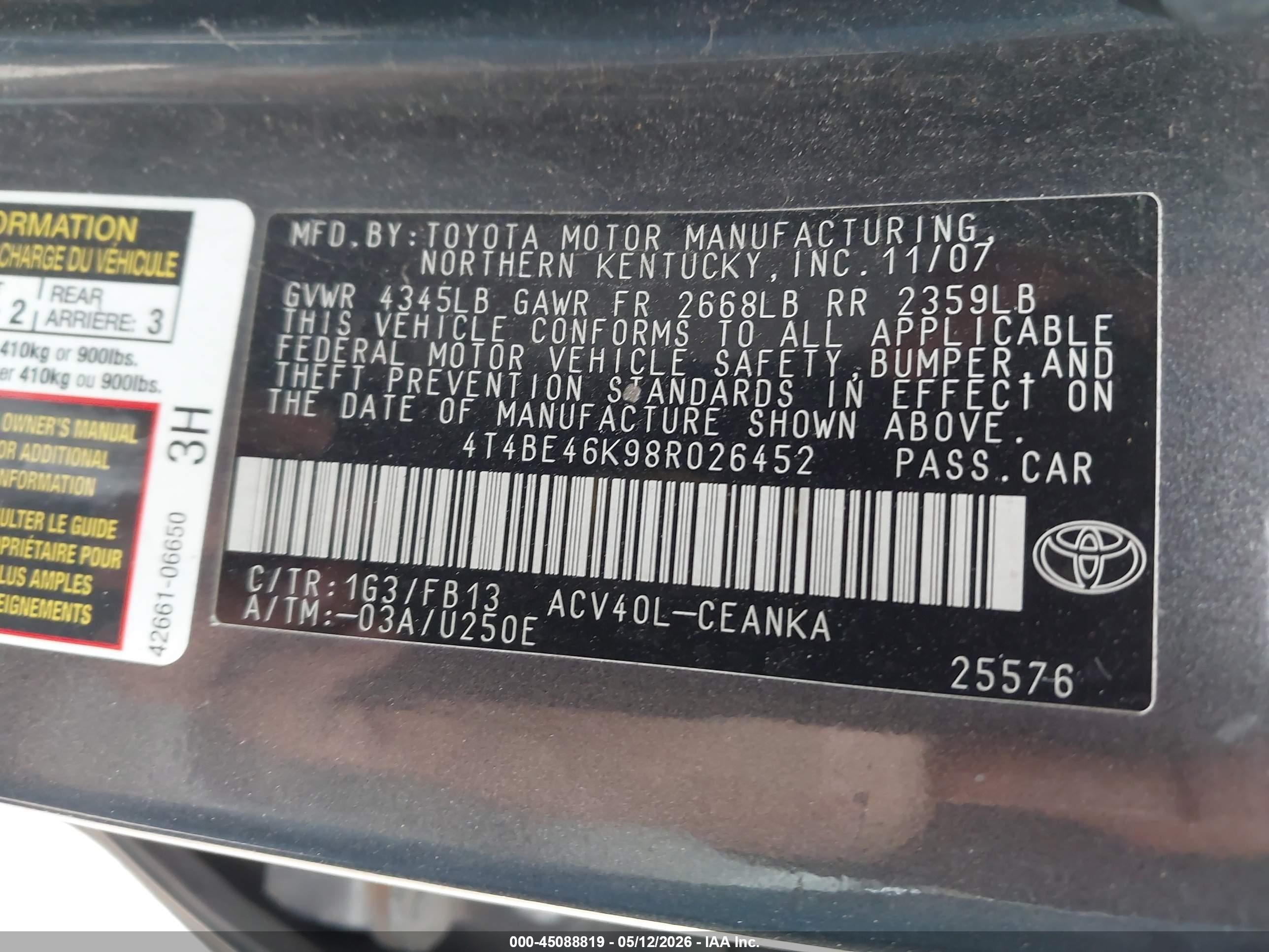 2008 Toyota Camry Le Gray vin: 4T4BE46K98R026452