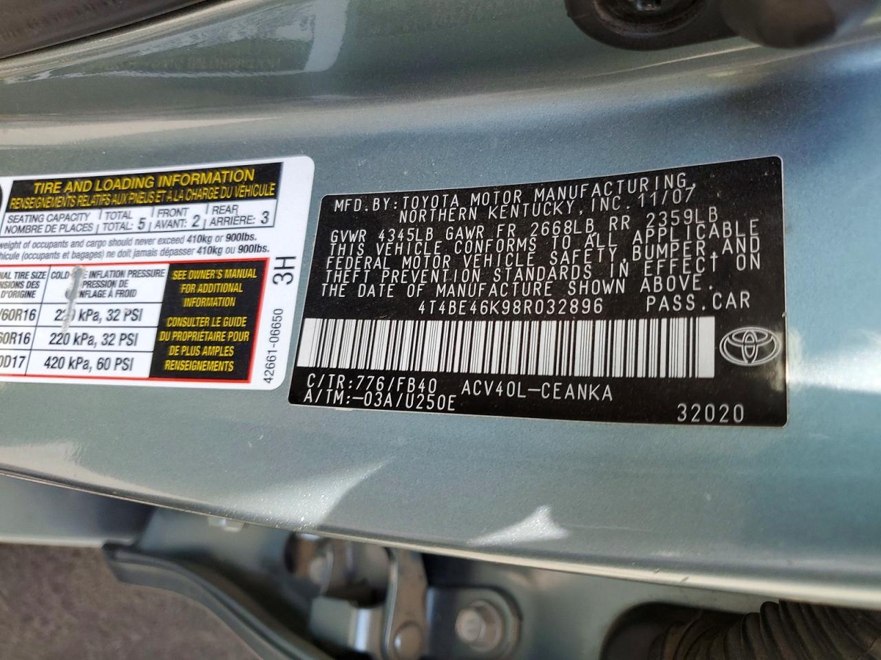 2008 Toyota Camry Le Turquoise vin: 4T4BE46K98R032896