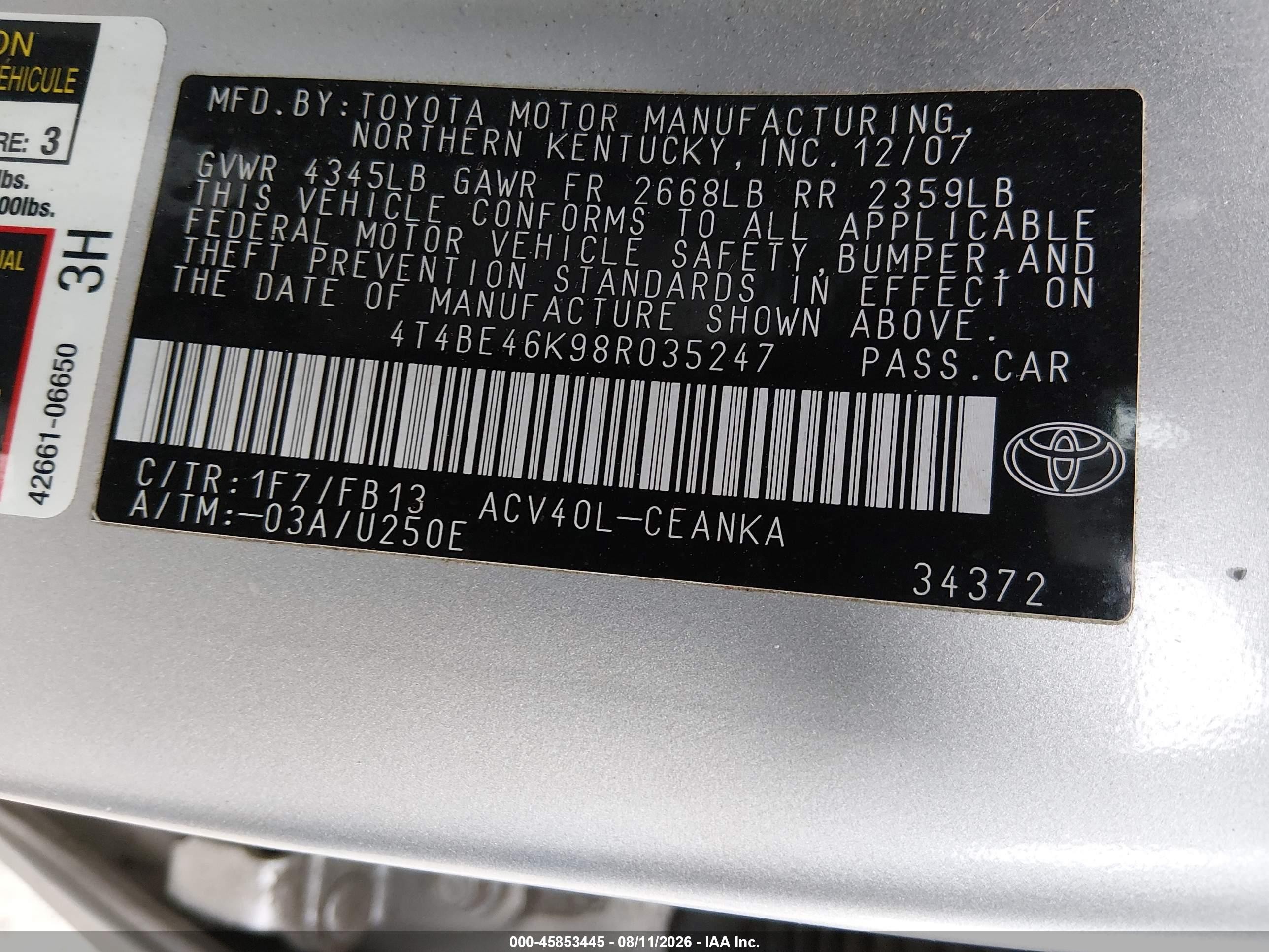 2008 Toyota Camry Le Silver vin: 4T4BE46K98R035247