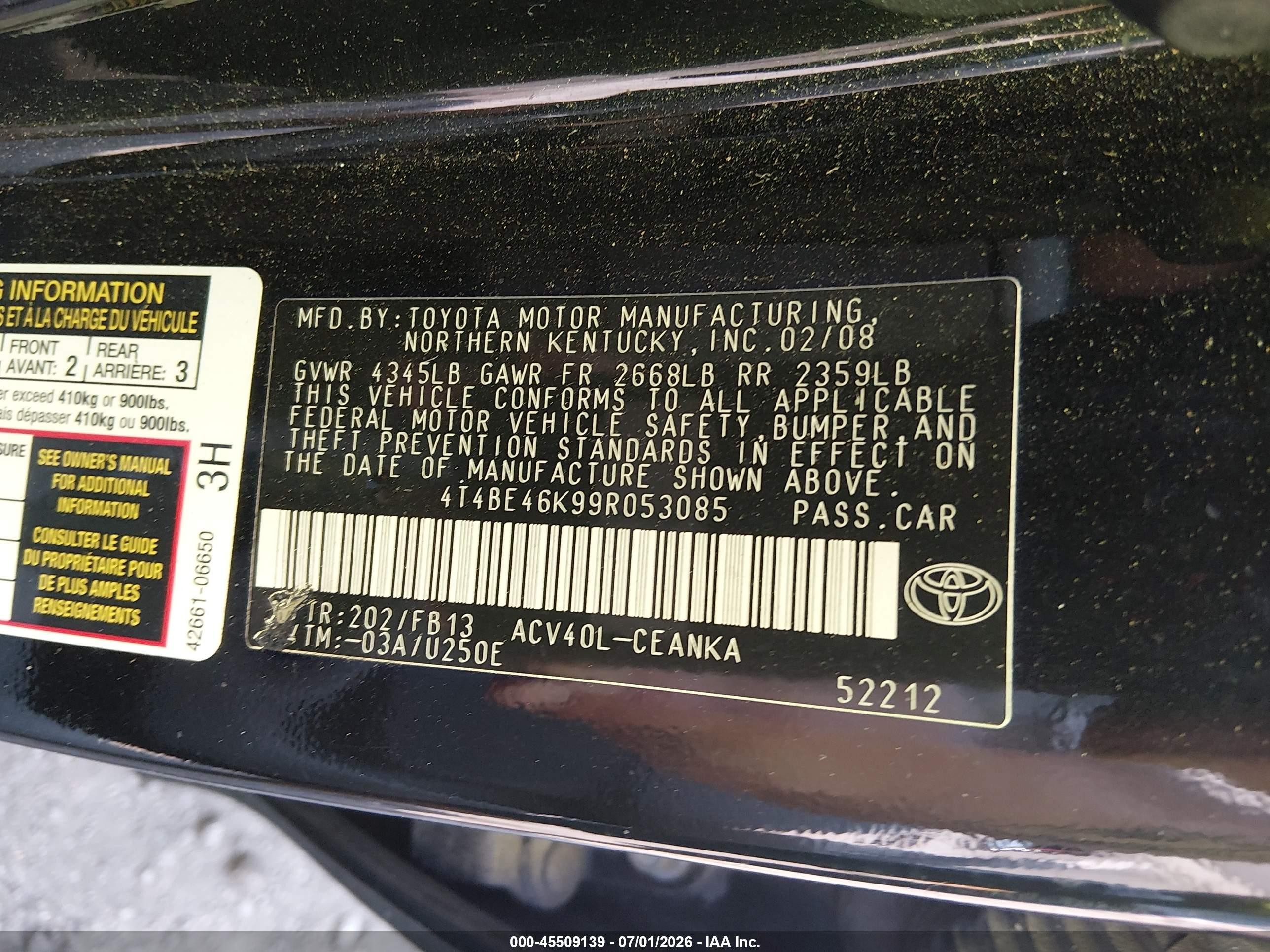 2009 Toyota Camry Le Black vin: 4T4BE46K99R053085