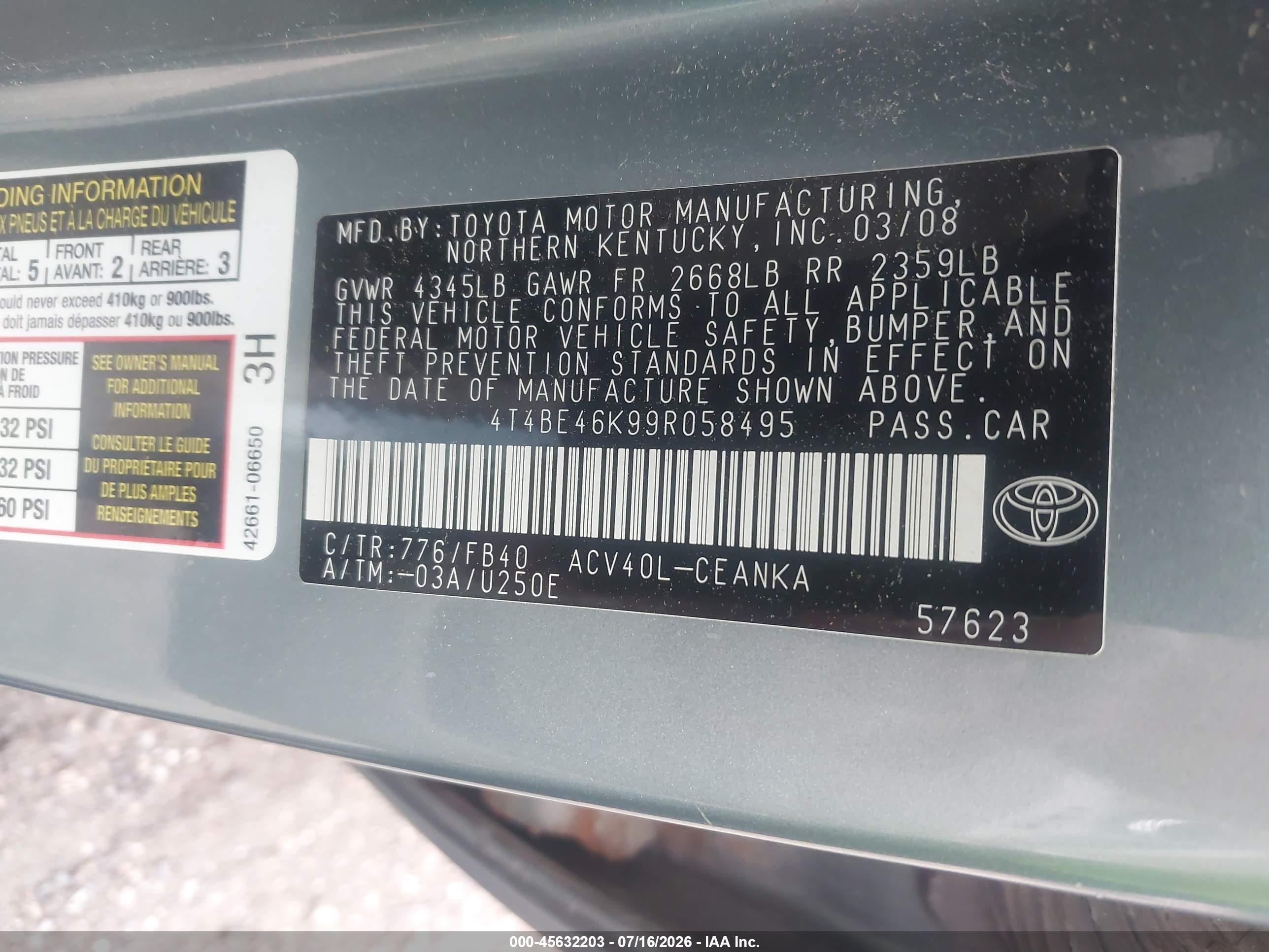 2009 Toyota Camry Le Green vin: 4T4BE46K99R058495
