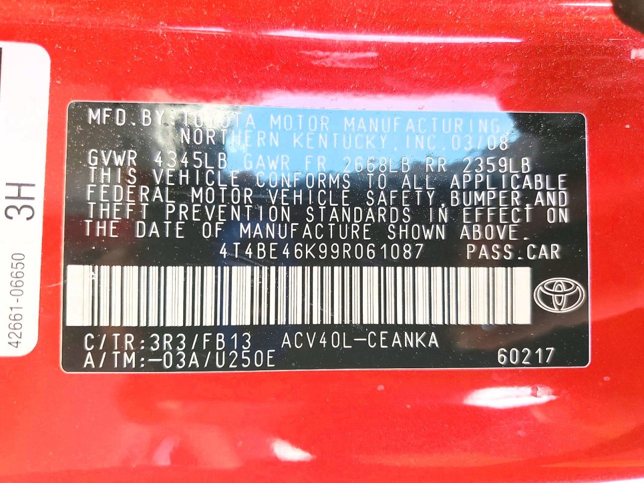 2009 Toyota Camry Le Red vin: 4T4BE46K99R061087