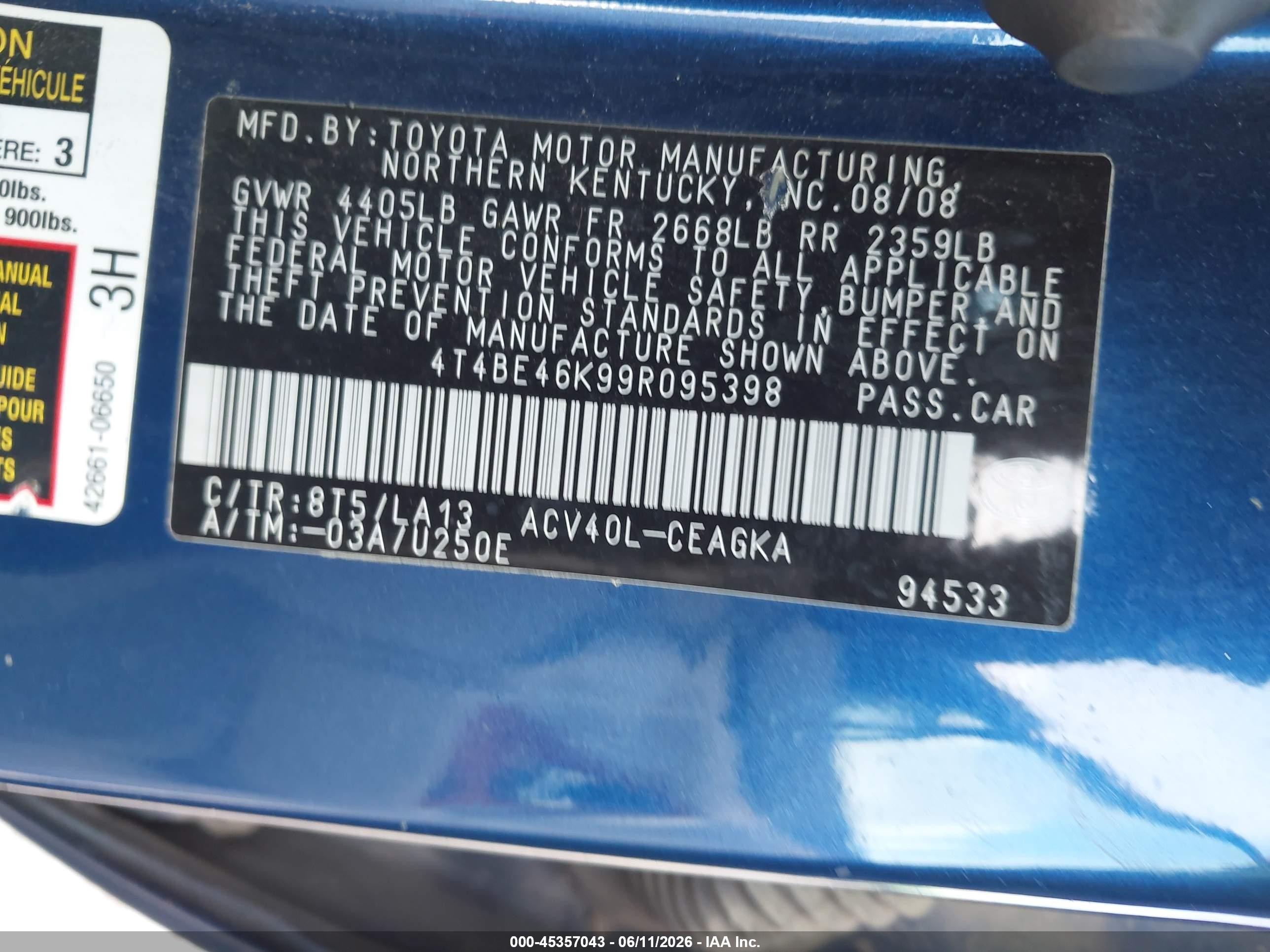2009 Toyota Camry Xle Blue vin: 4T4BE46K99R095398