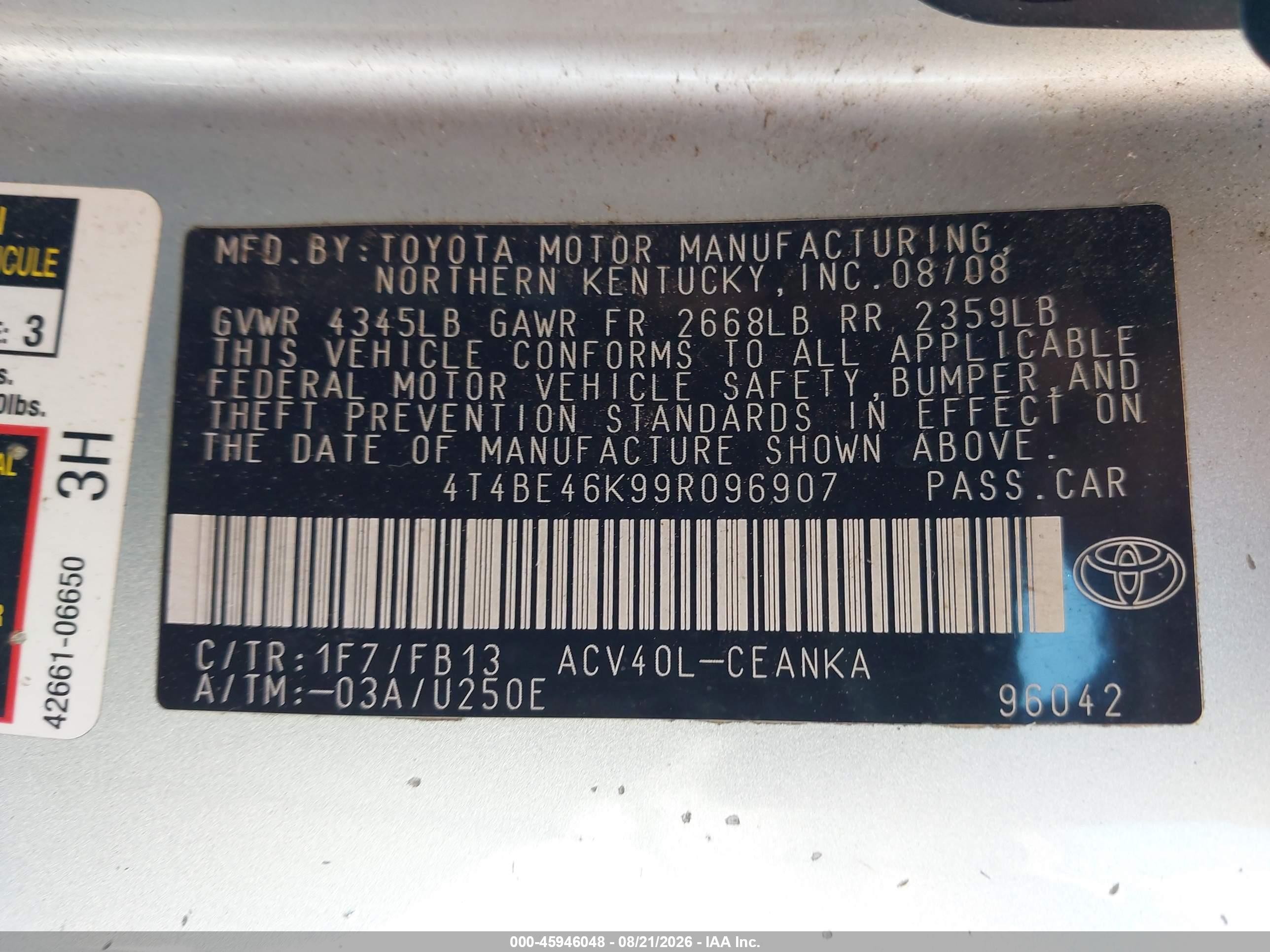 2009 Toyota Camry Le Silver vin: 4T4BE46K99R096907