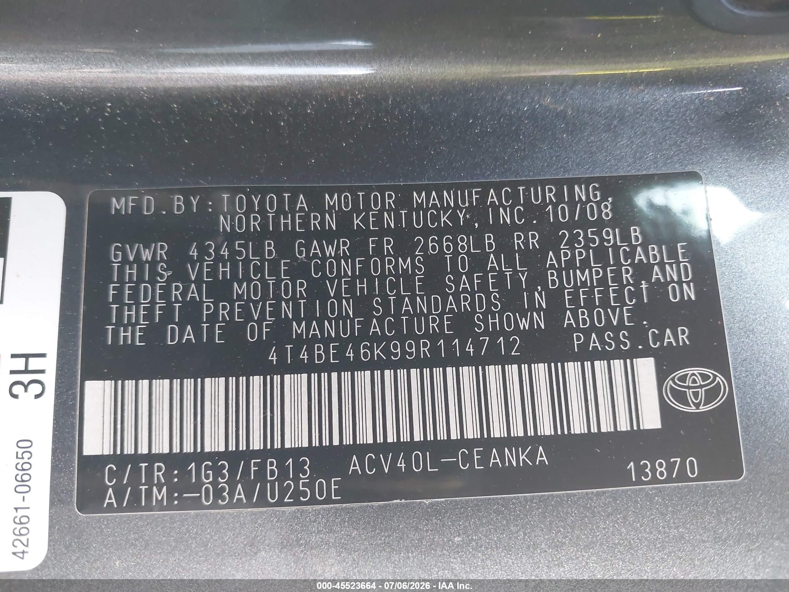 2009 Toyota Camry Le Gray vin: 4T4BE46K99R114712
