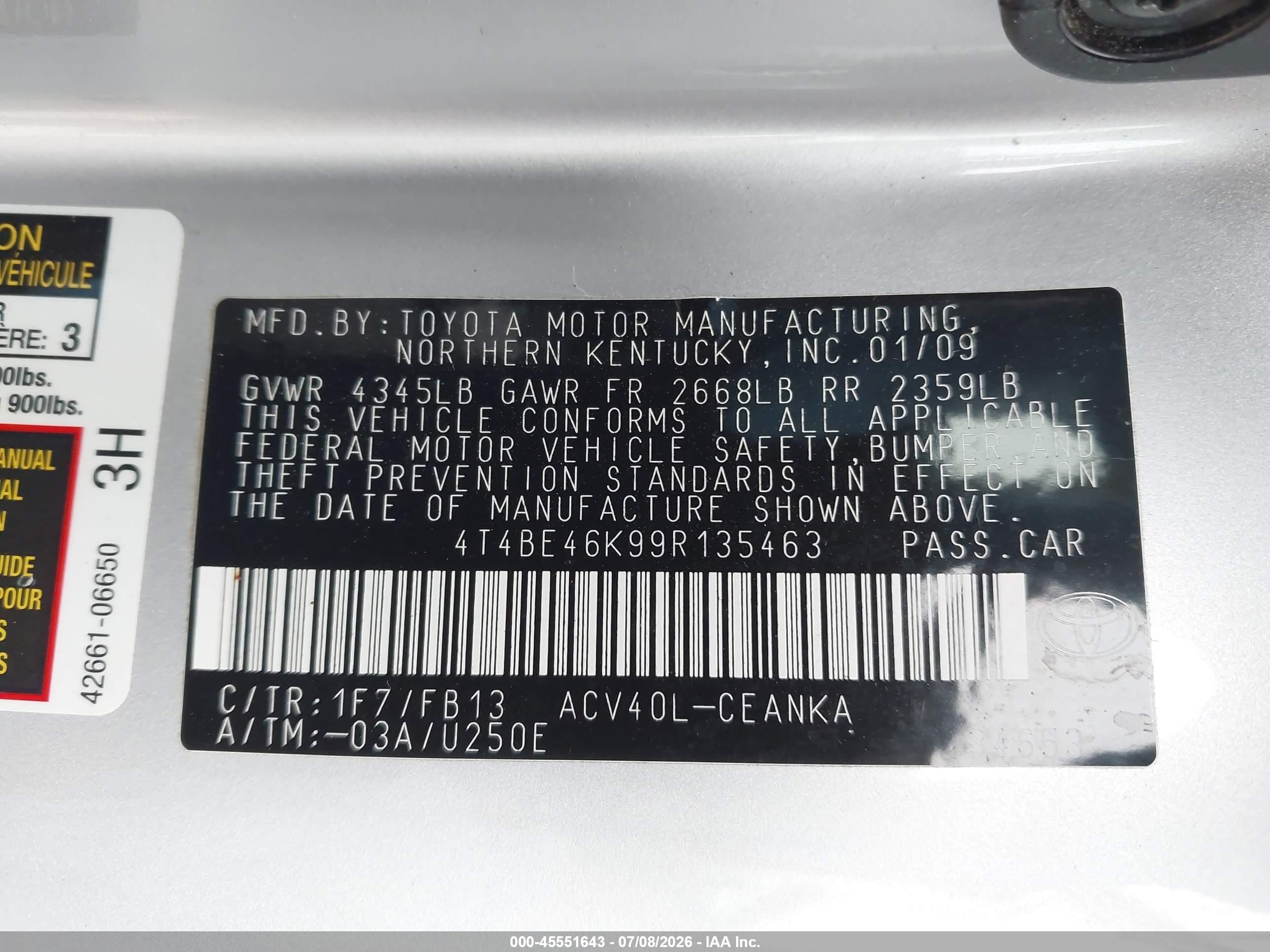 2009 Toyota Camry Le Серебряный vin: 4T4BE46K99R135463