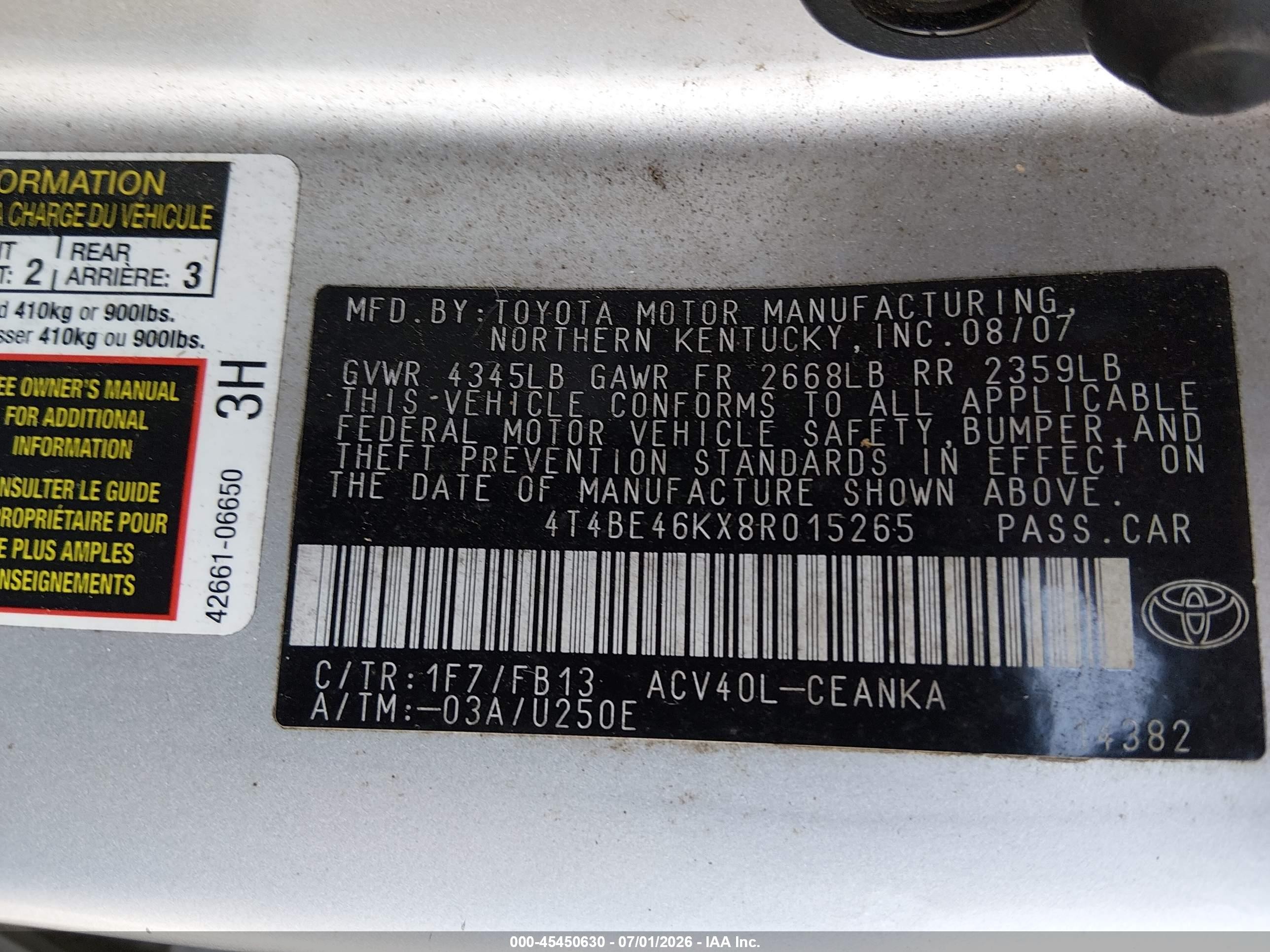 2008 Toyota Camry Le Silver vin: 4T4BE46KX8R015265