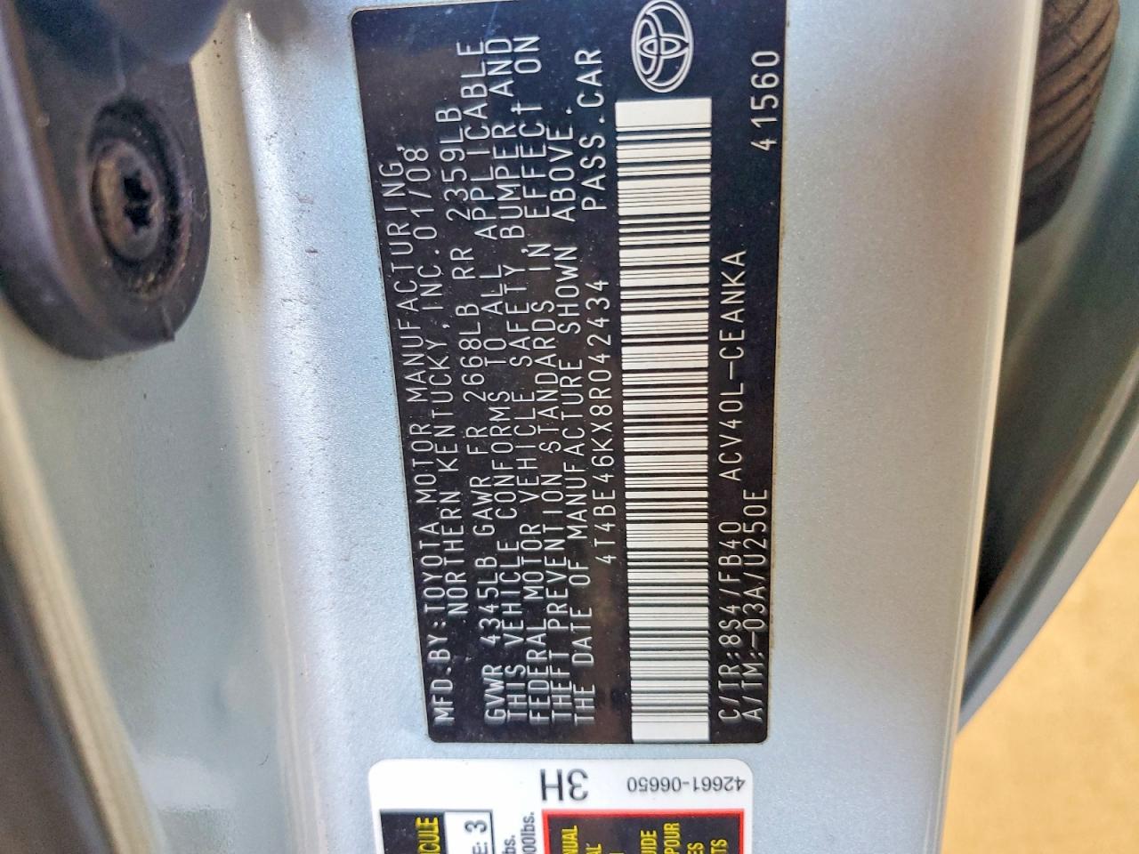2008 Toyota Camry Le Turquoise vin: 4T4BE46KX8R042434