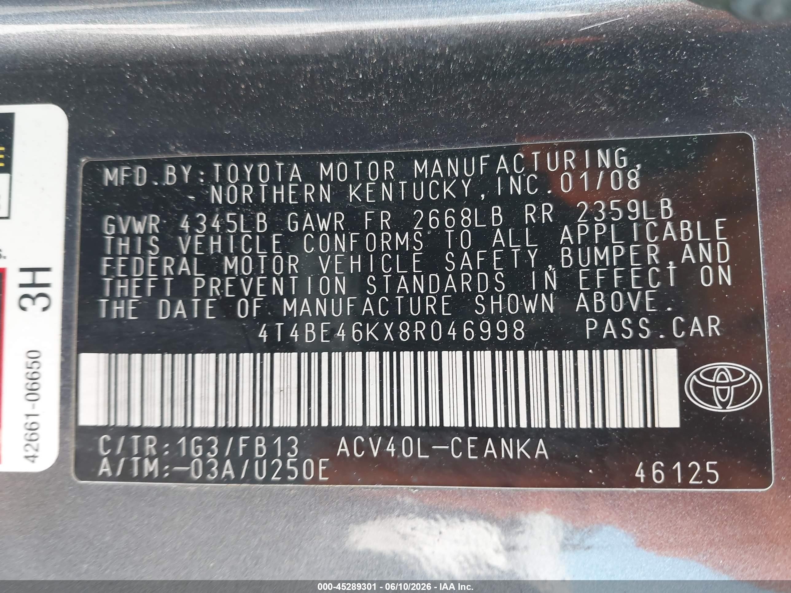 2008 Toyota Camry Le Gray vin: 4T4BE46KX8R046998