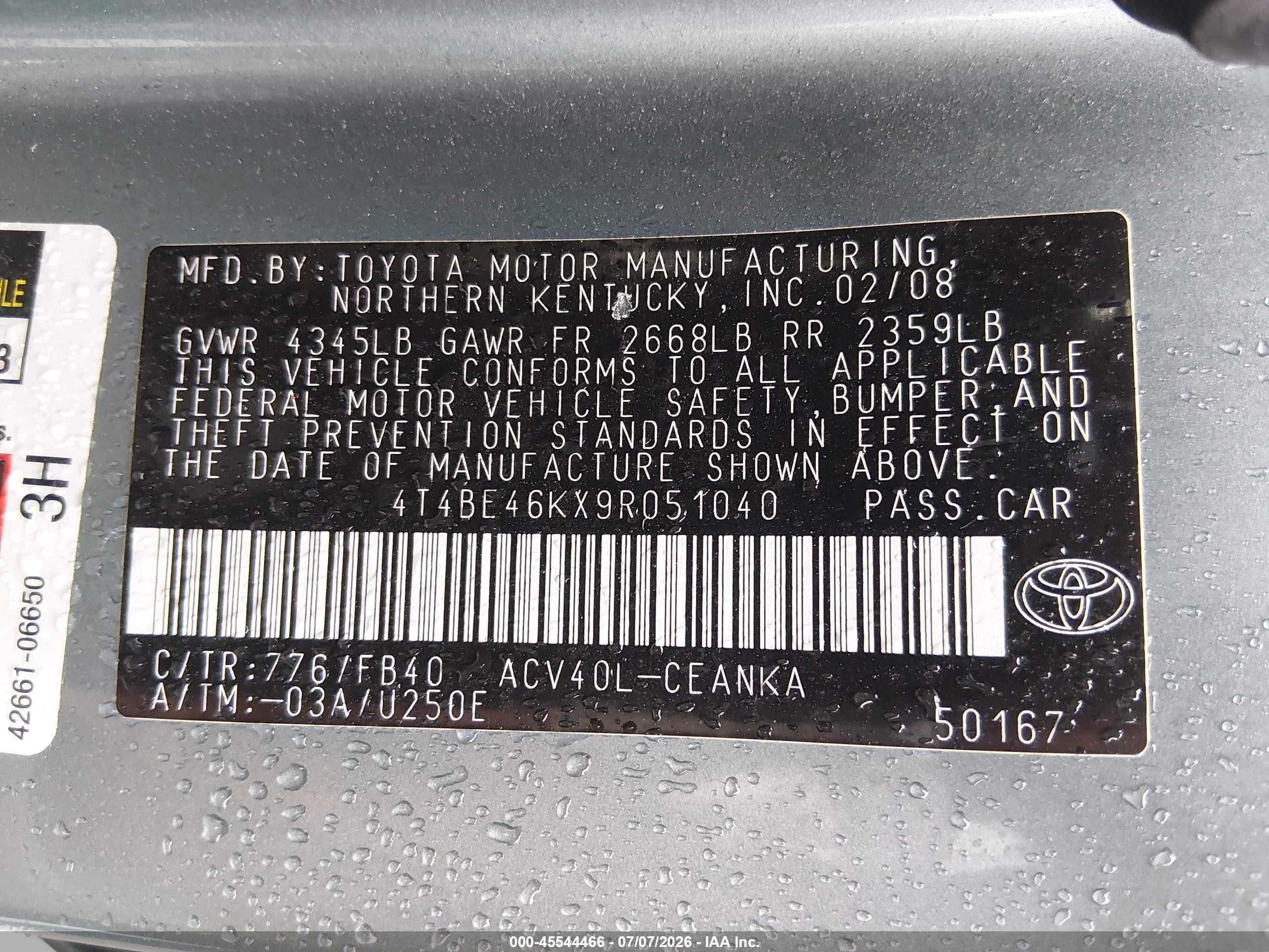 2009 Toyota Camry Le Teal vin: 4T4BE46KX9R051040