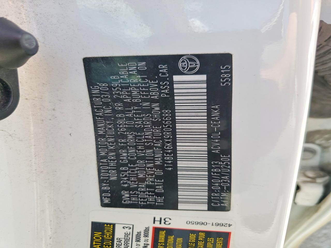 2009 Toyota Camry Le White vin: 4T4BE46KX9R056688