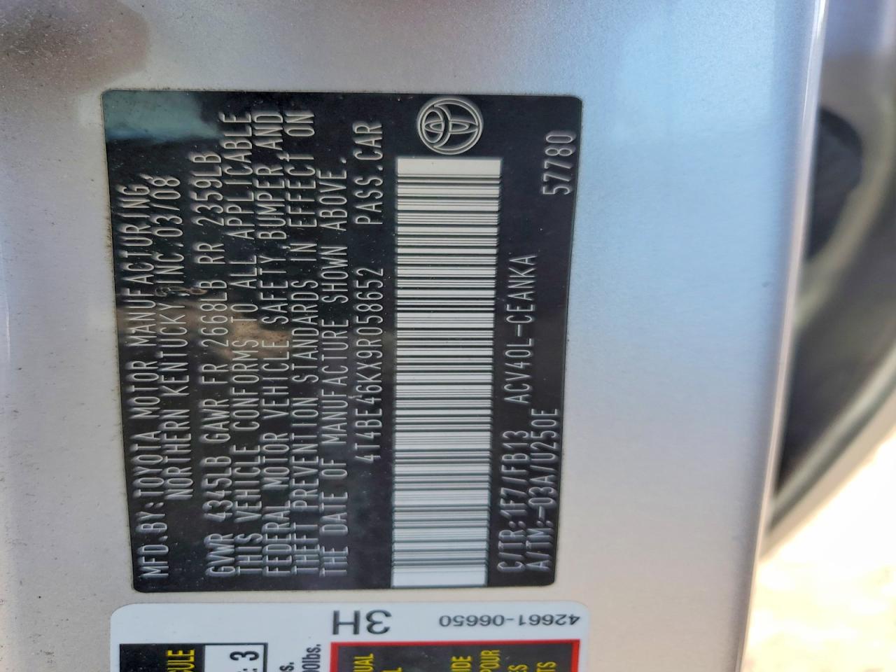 2009 Toyota Camry Le Серебряный vin: 4T4BE46KX9R058652