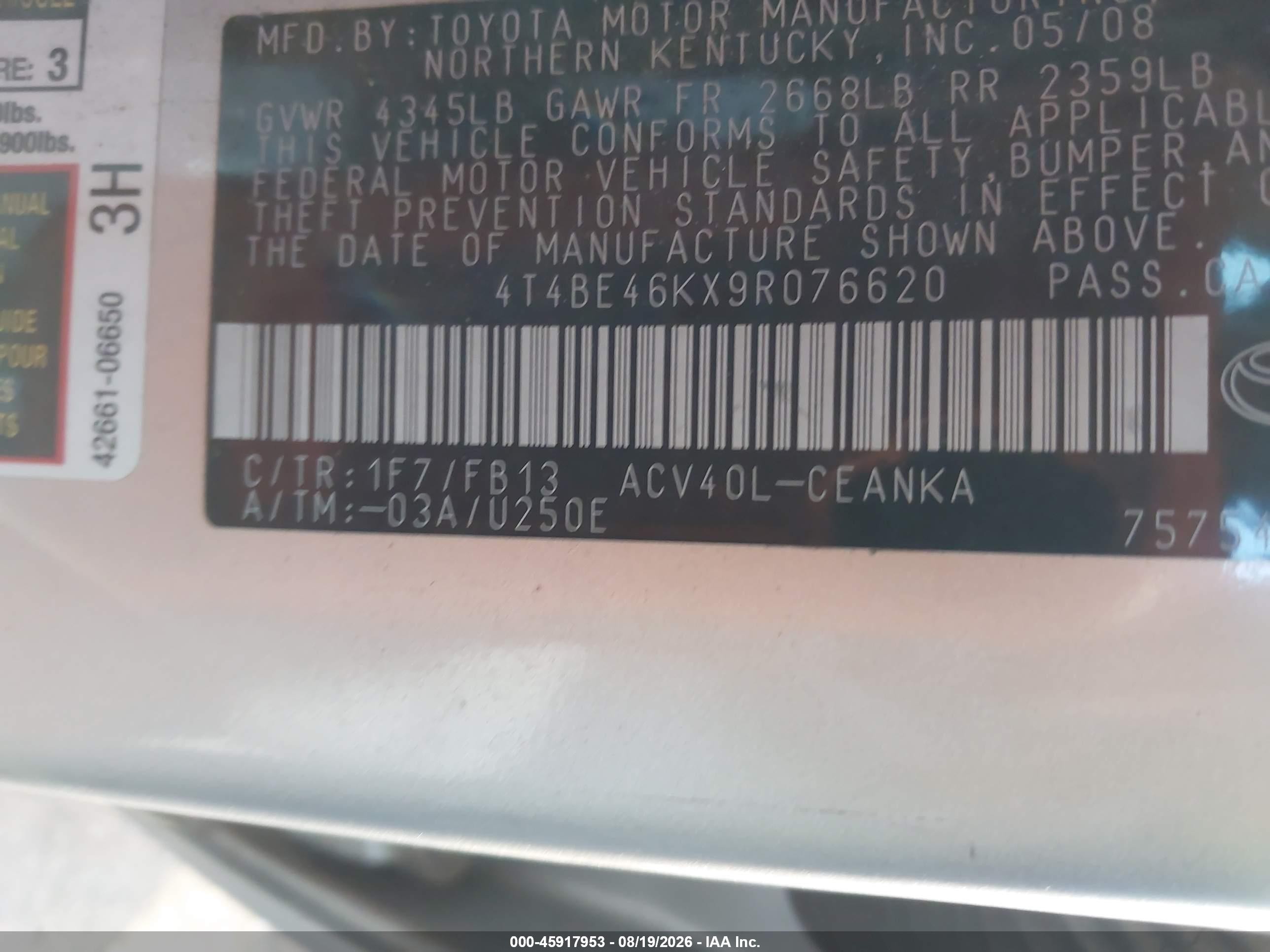 2009 Toyota Camry Le Gray vin: 4T4BE46KX9R076620
