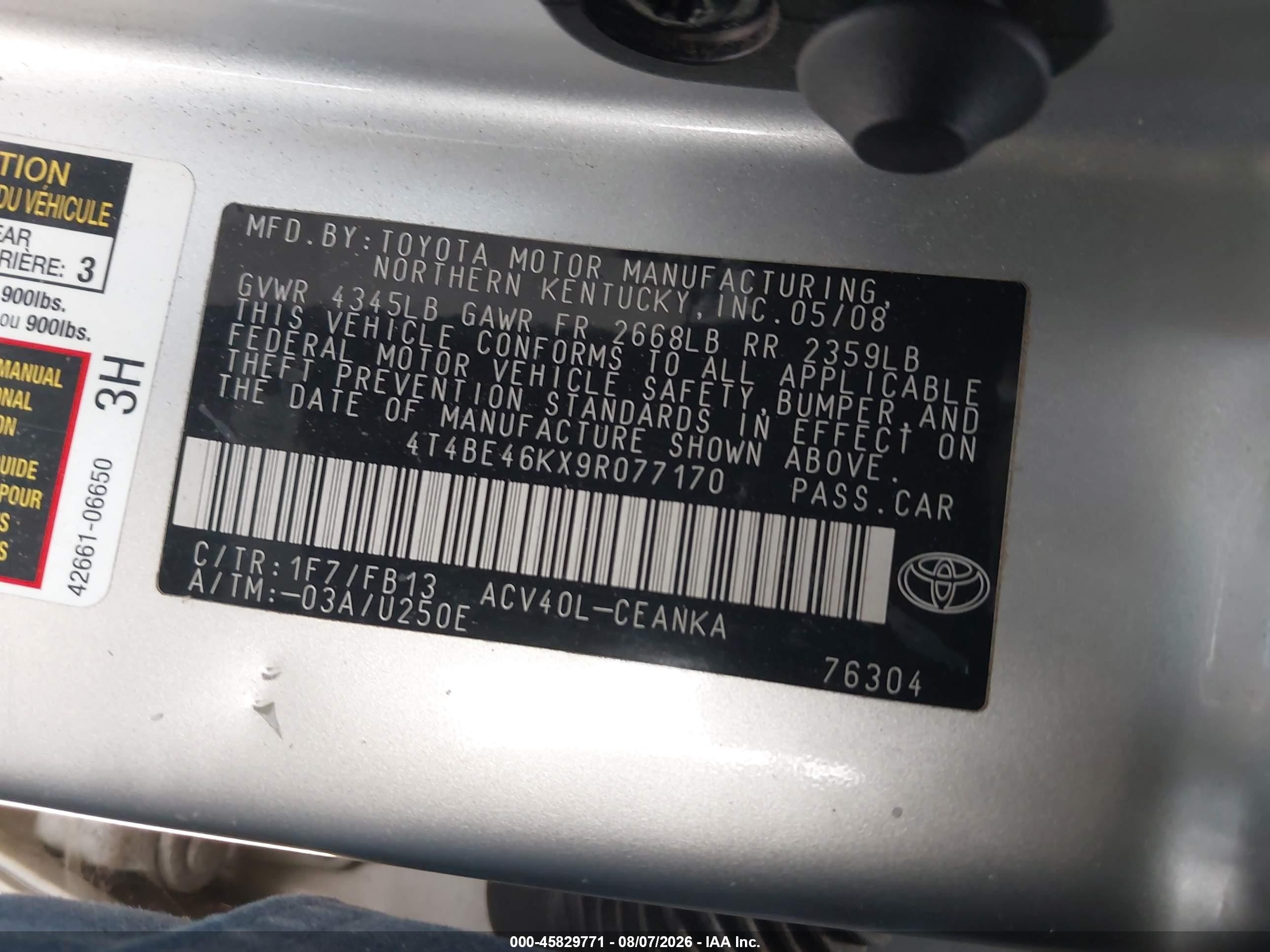 2009 Toyota Camry Le Silver vin: 4T4BE46KX9R077170