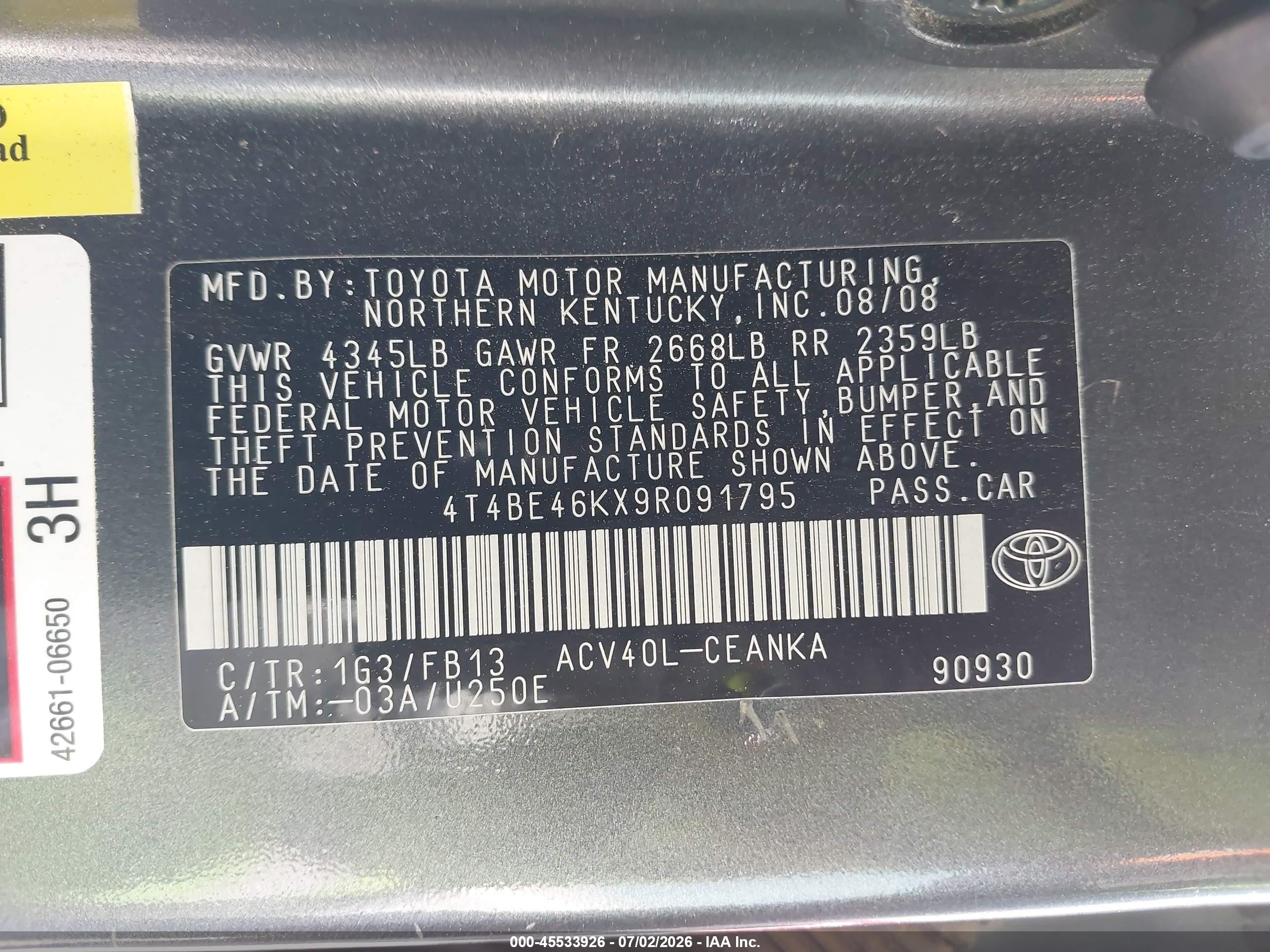 2009 Toyota Camry Le Gray vin: 4T4BE46KX9R091795