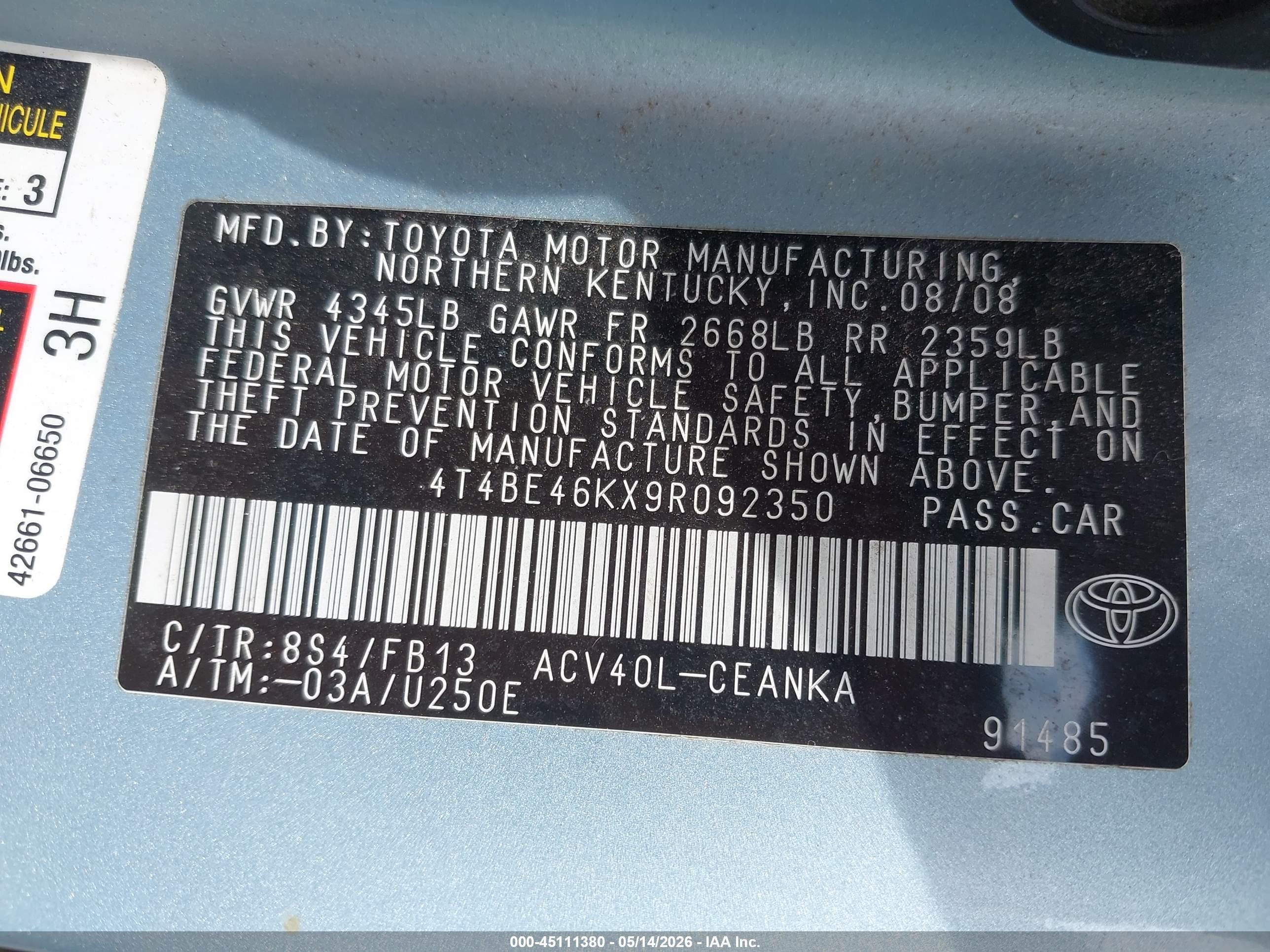 2009 Toyota Camry Le Blue vin: 4T4BE46KX9R092350