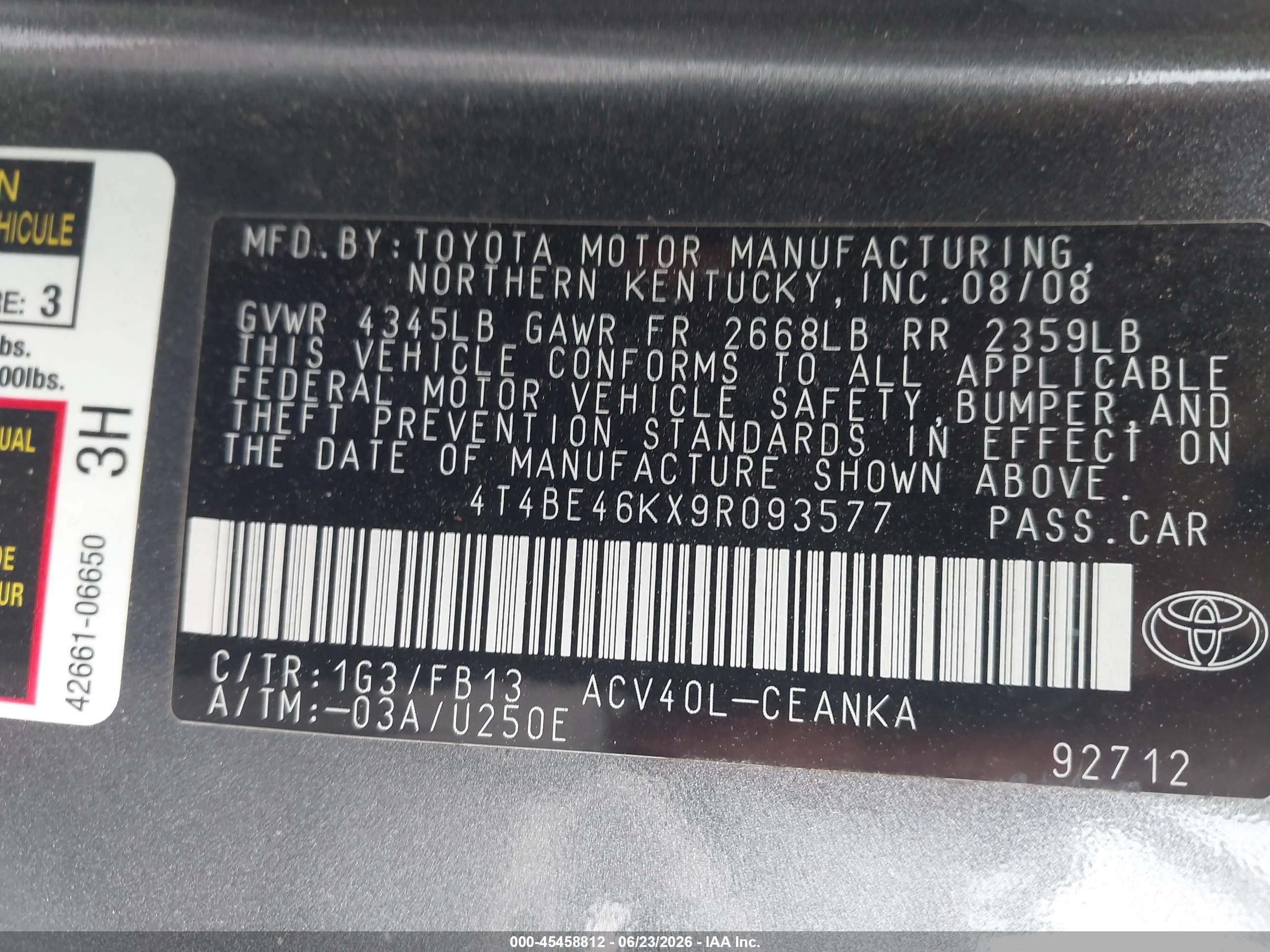 2009 Toyota Camry Le Gray vin: 4T4BE46KX9R093577