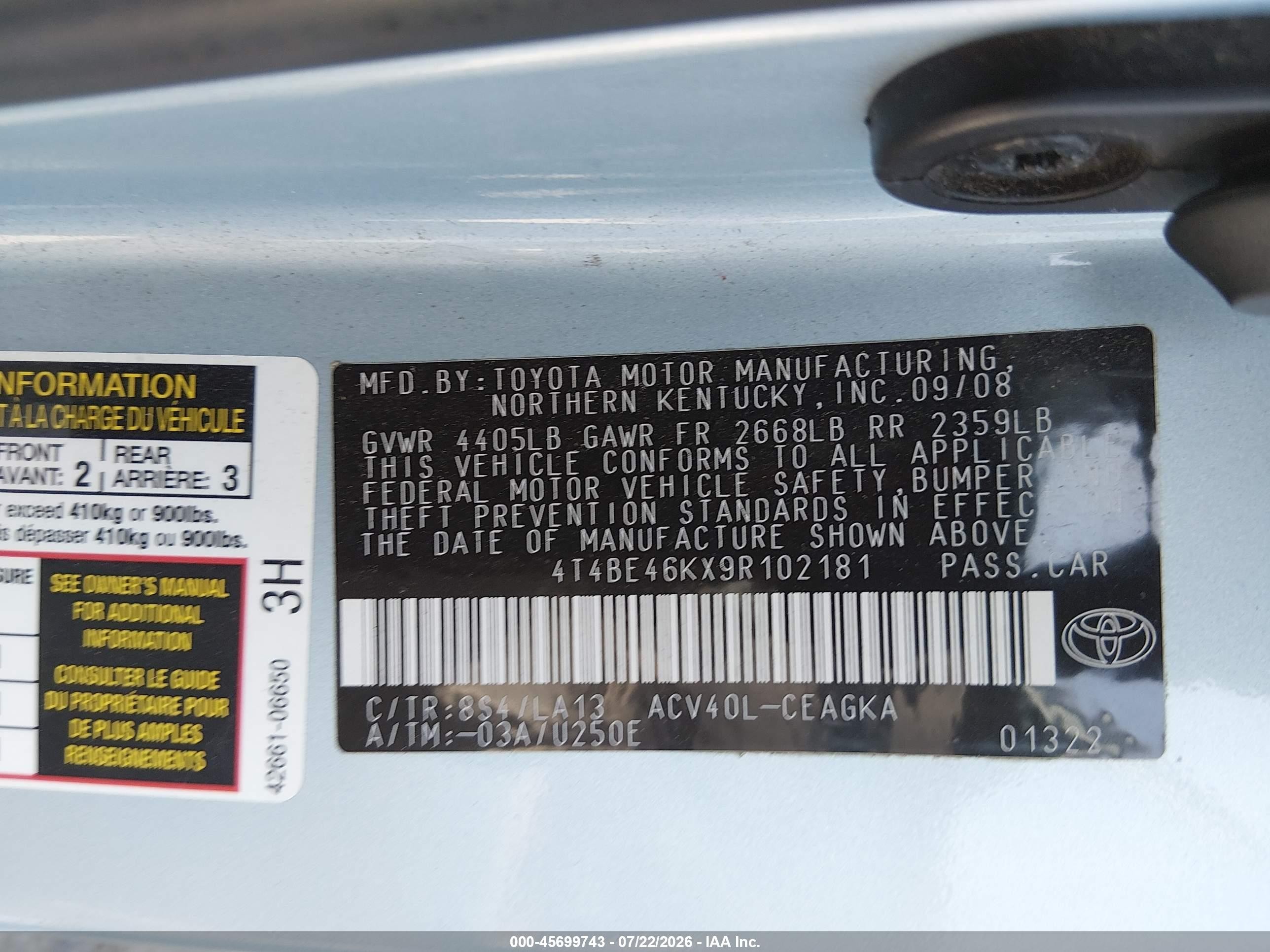 2009 Toyota Camry Xle Blue vin: 4T4BE46KX9R102181