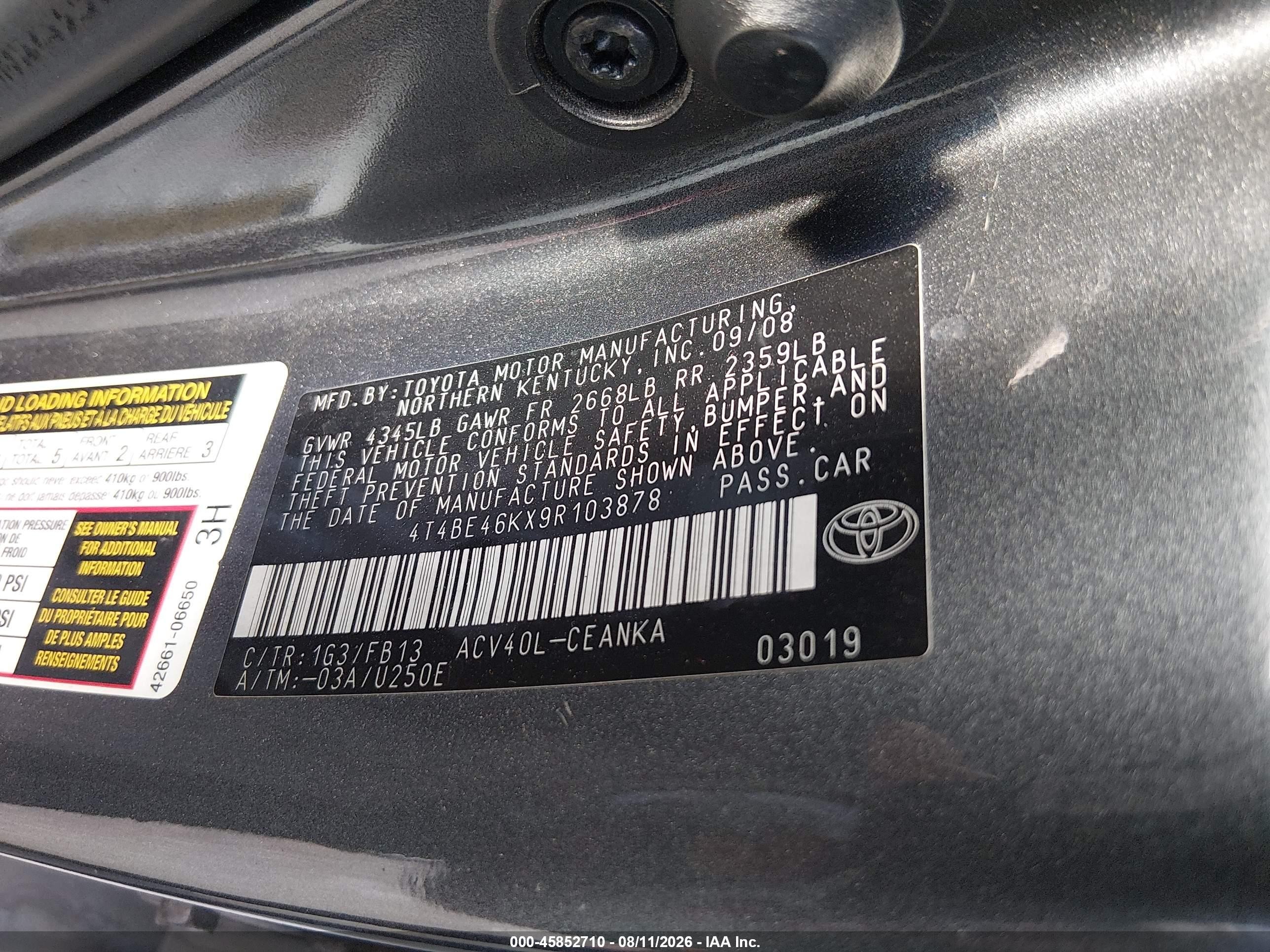 2009 Toyota Camry Le Gray vin: 4T4BE46KX9R103878