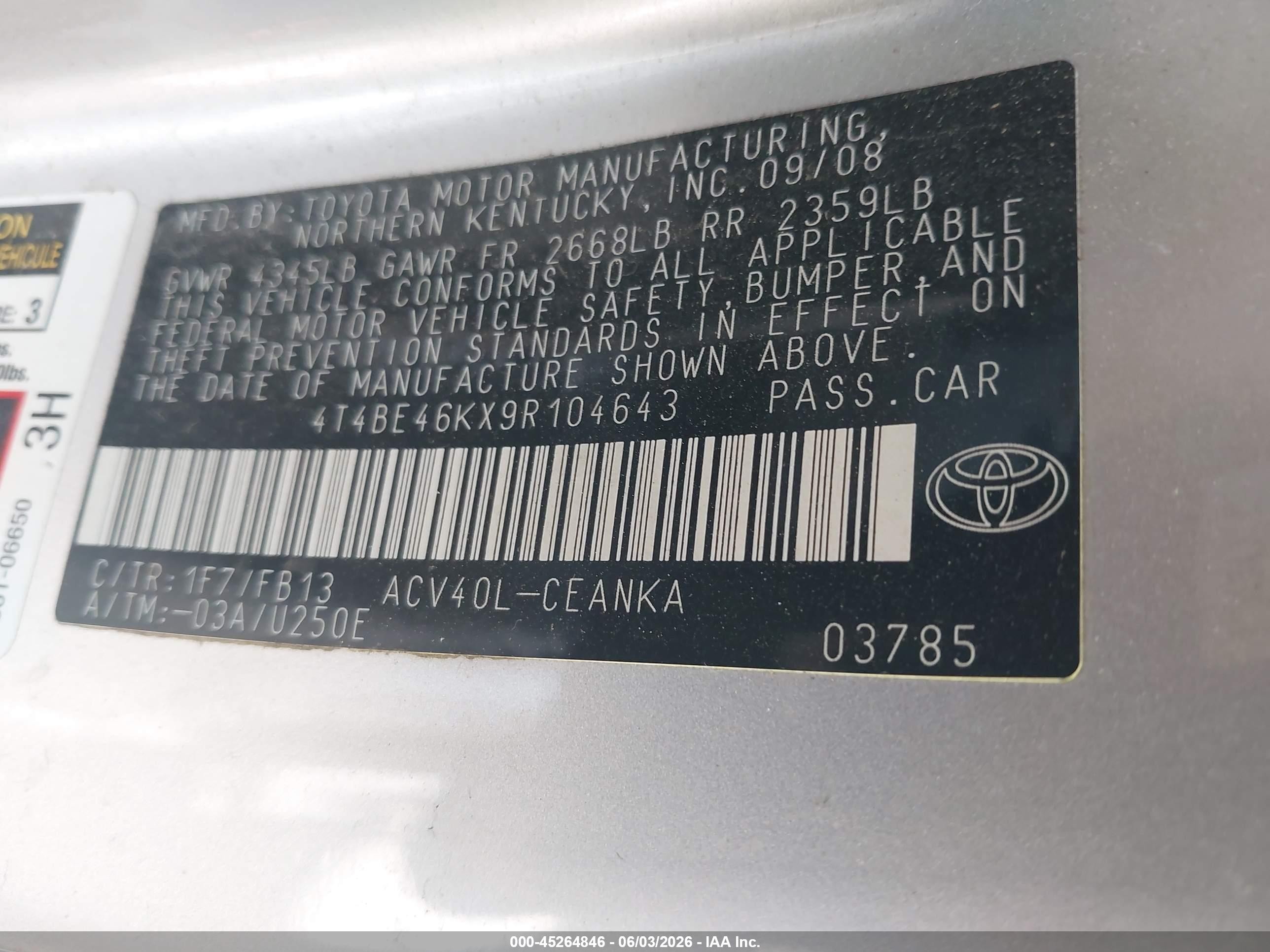 2009 Toyota Camry   Silver vin: 4T4BE46KX9R104643