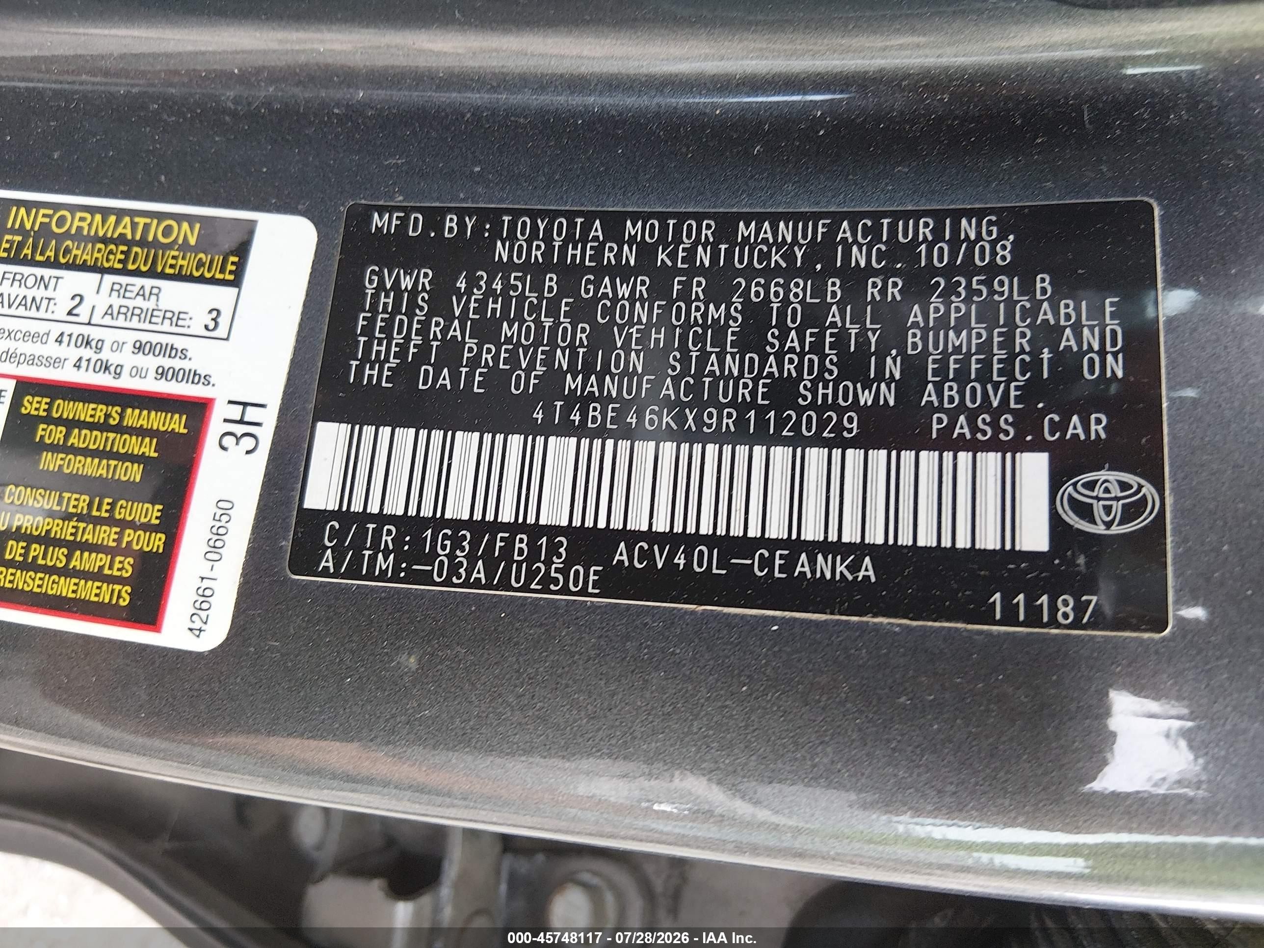 2009 Toyota Camry Le Gray vin: 4T4BE46KX9R112029